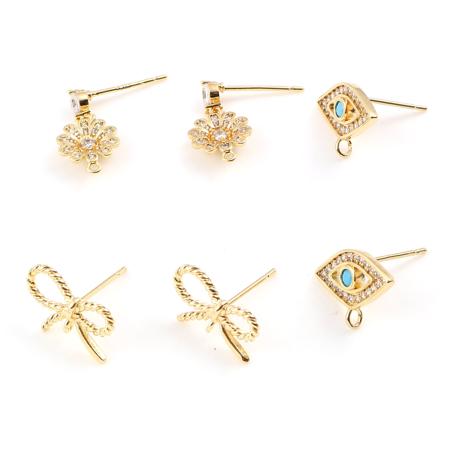 Picture of Brass Ear Post Stud Earrings 18K Real Gold Plated Post/ Wire Size: 0.7mm, 2 PCs
