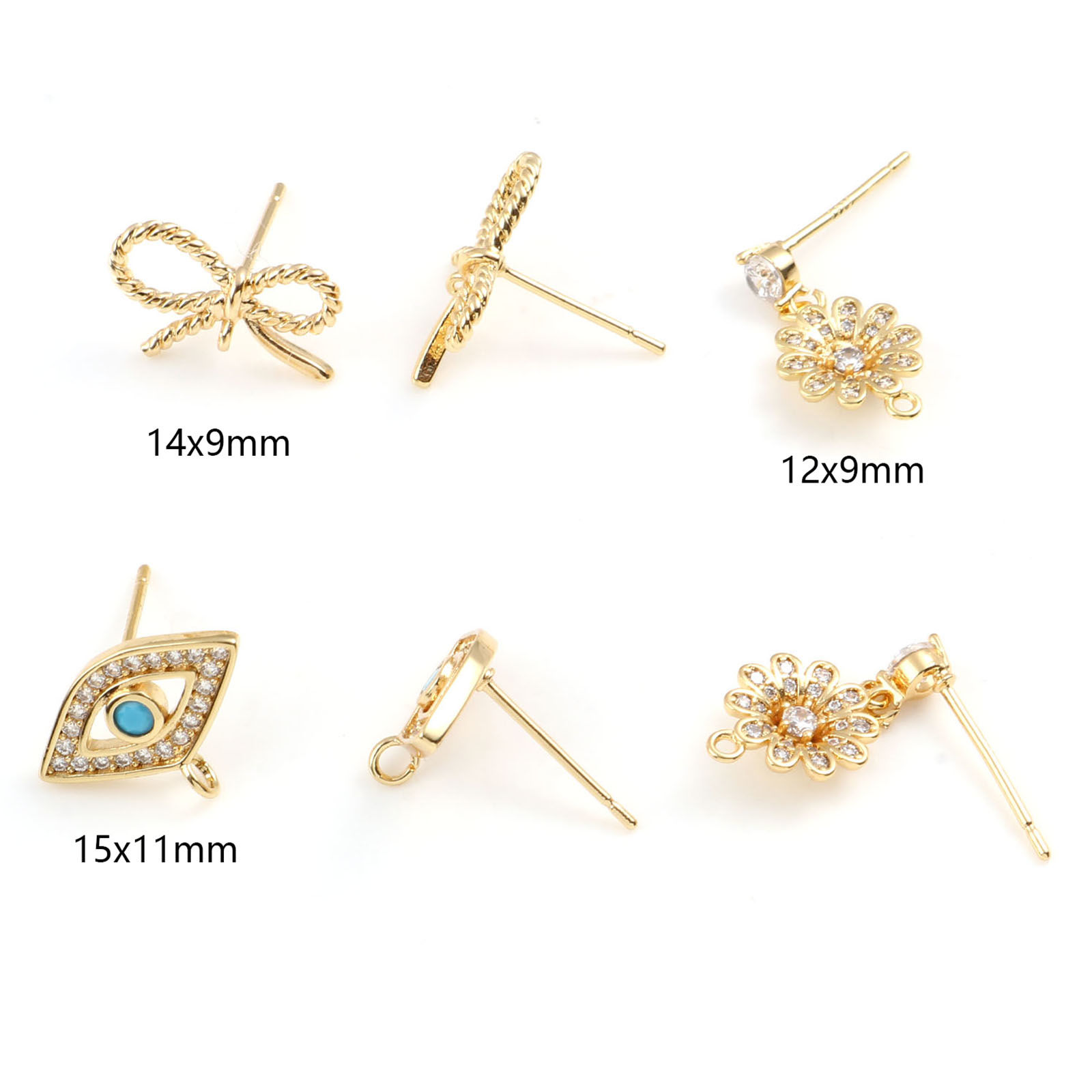 Picture of Brass Ear Post Stud Earrings 18K Real Gold Plated Post/ Wire Size: 0.7mm, 2 PCs