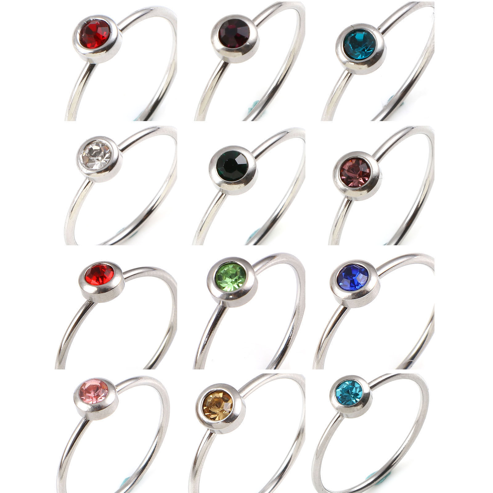 Picture of Stainless Steel Birthstone Unadjustable Rings Silver Tone Circle Ring Multicolor Rhinestone 16.5mm(US Size 6), 1 Piece