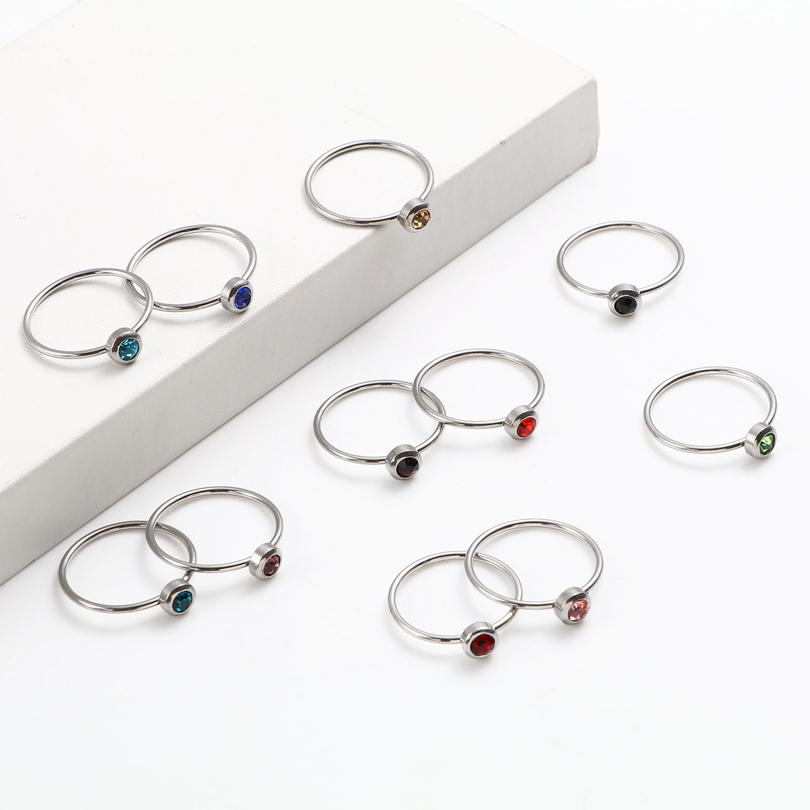 Picture of Stainless Steel Birthstone Unadjustable Rings Silver Tone Circle Ring Multicolor Rhinestone 16.5mm(US Size 6), 1 Piece