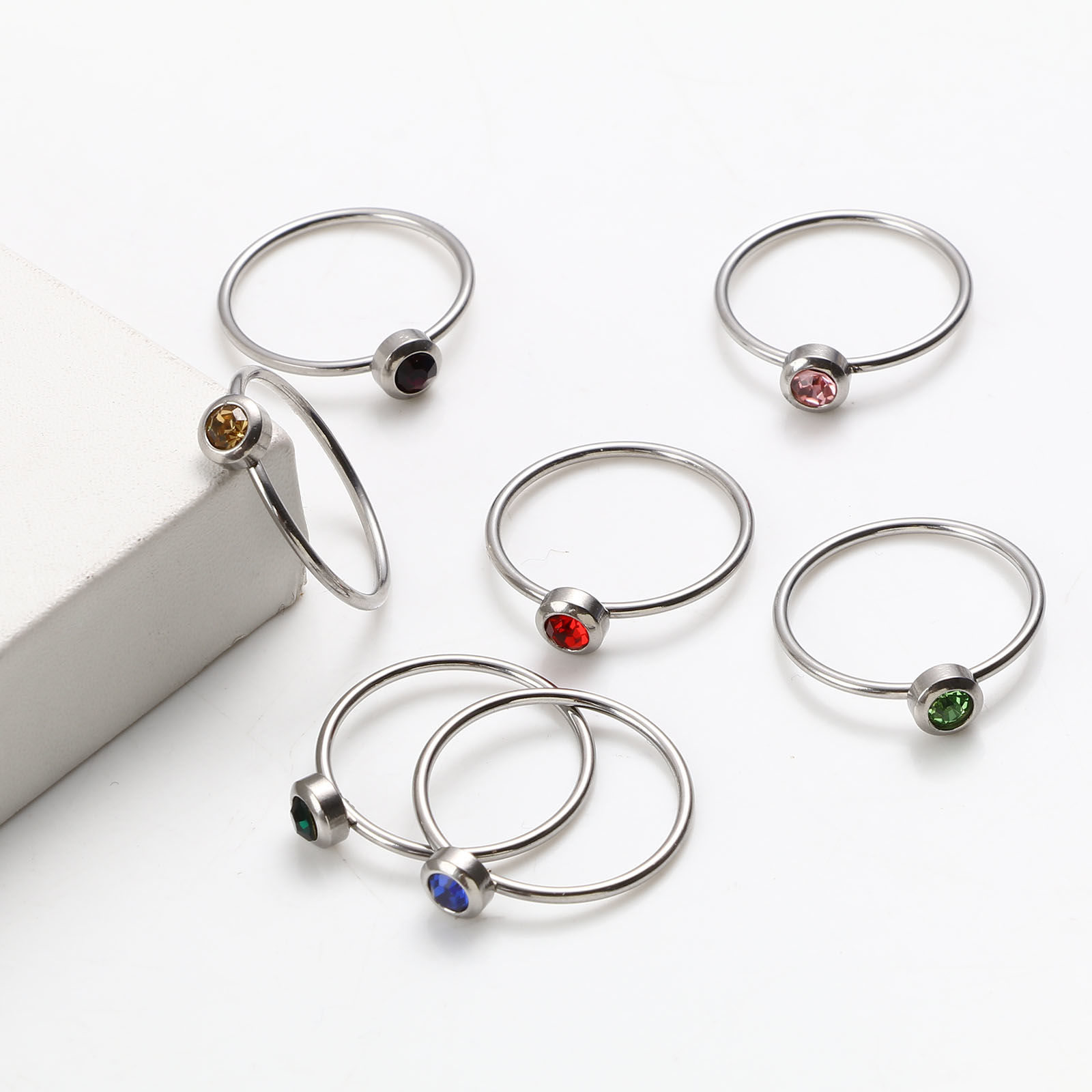 Picture of Stainless Steel Birthstone Unadjustable Rings Silver Tone Circle Ring Multicolor Rhinestone 16.5mm(US Size 6), 1 Piece