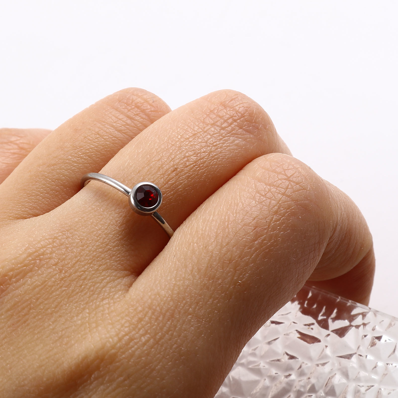 Picture of Stainless Steel Birthstone Unadjustable Rings Silver Tone Circle Ring Multicolor Rhinestone 16.5mm(US Size 6), 1 Piece