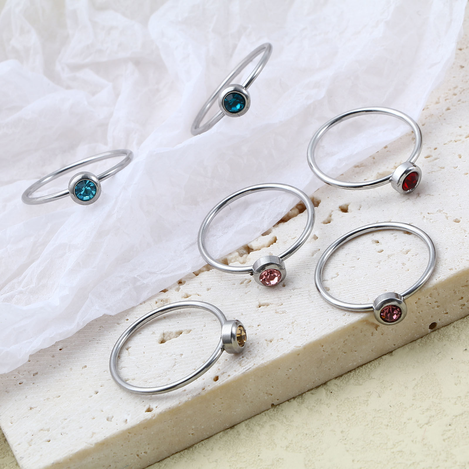 Picture of Stainless Steel Birthstone Unadjustable Rings Silver Tone Circle Ring Multicolor Rhinestone 16.5mm(US Size 6), 1 Piece