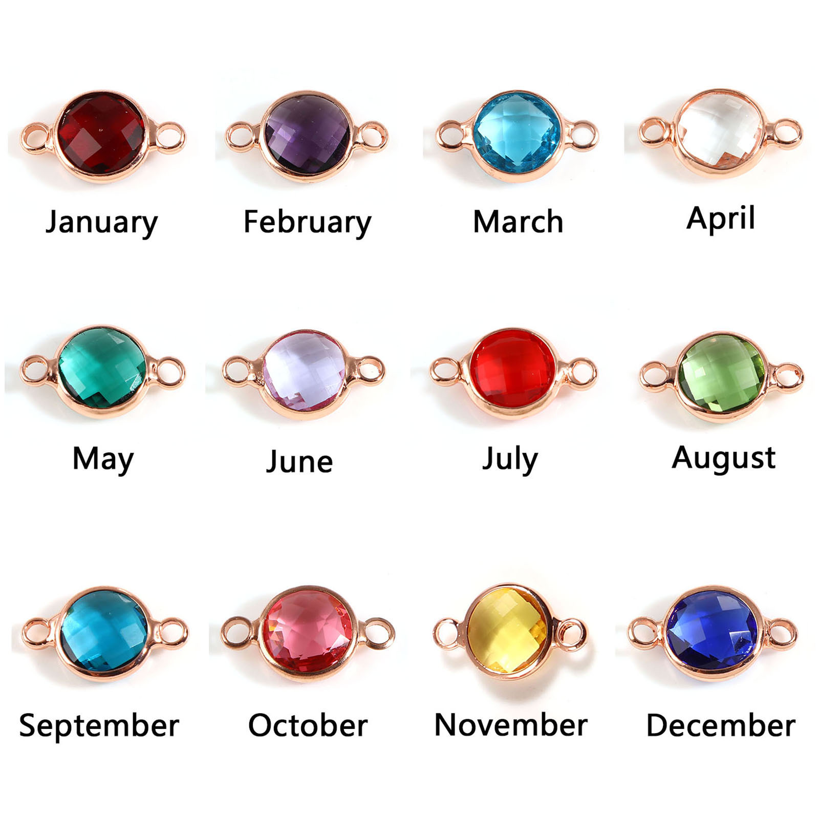 Picture of Brass & Glass Birthstone Connectors Rose Gold Multicolor Round Faceted 15mm x 9mm, 5 PCs