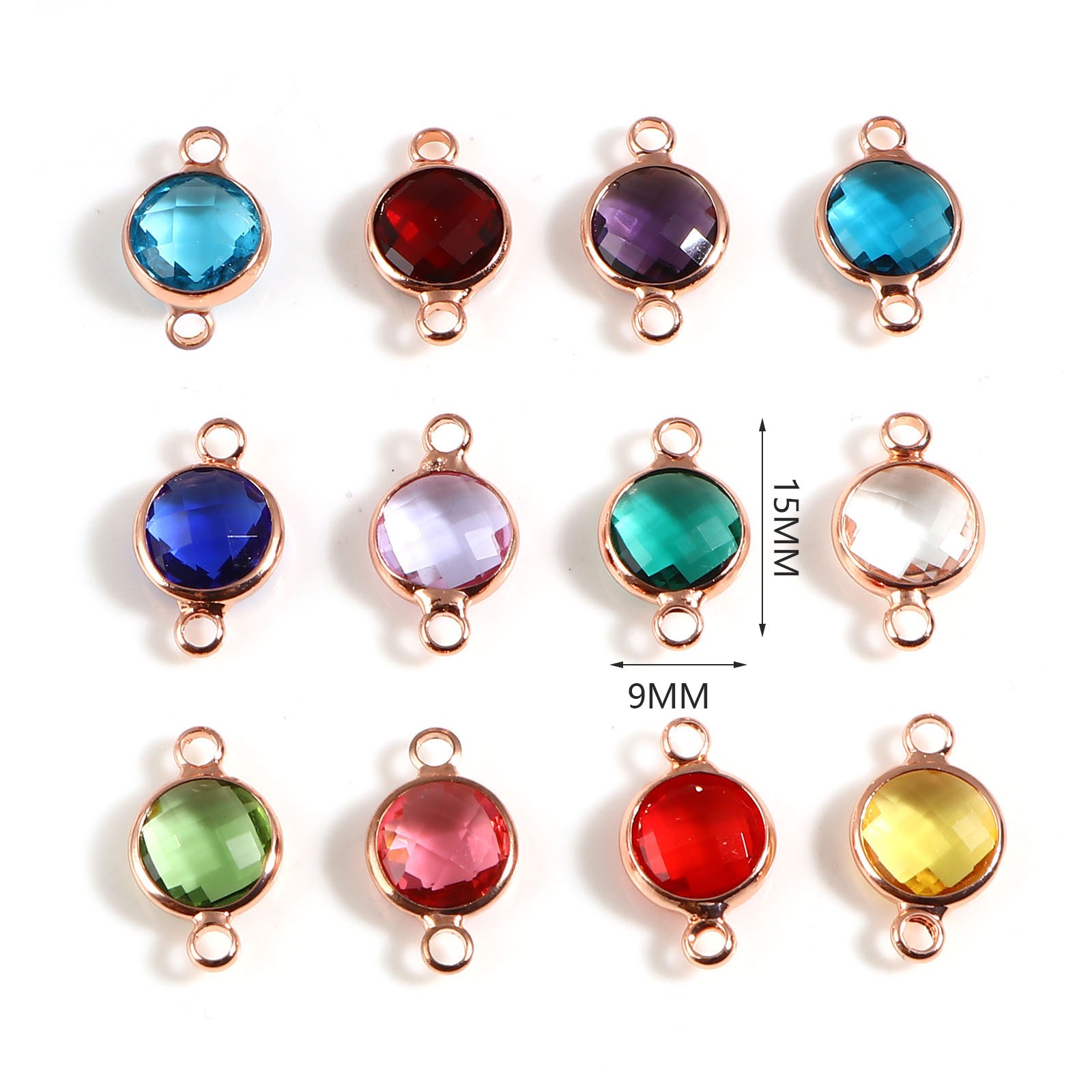 Picture of Brass & Glass Birthstone Connectors Rose Gold Multicolor Round Faceted 15mm x 9mm, 5 PCs