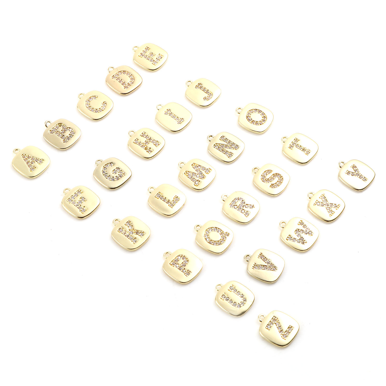 真鍮 マイクロインレイシリーズ チャーム 金メッキ 正方形 キャピタルレター クリア ジルコン 10mmx 9mm、 の画像