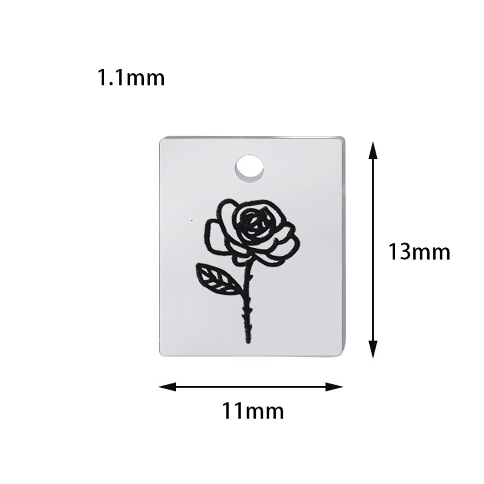 Picture of 304 Stainless Steel Birth Month Flower Charms Silver Tone Black Rectangle Flower
