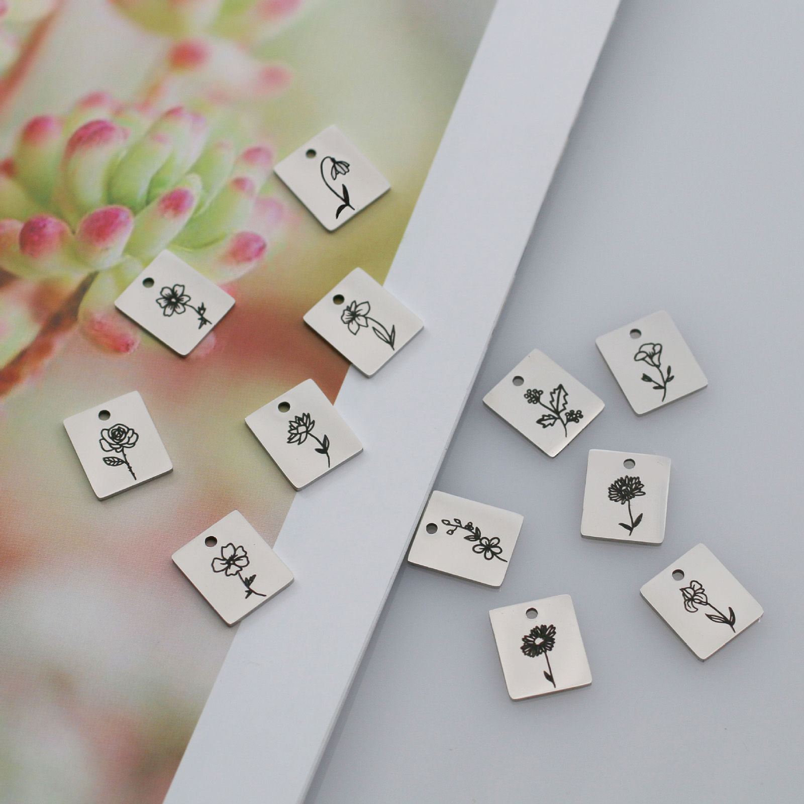 Picture of 304 Stainless Steel Birth Month Flower Charms Silver Tone Black Rectangle Flower
