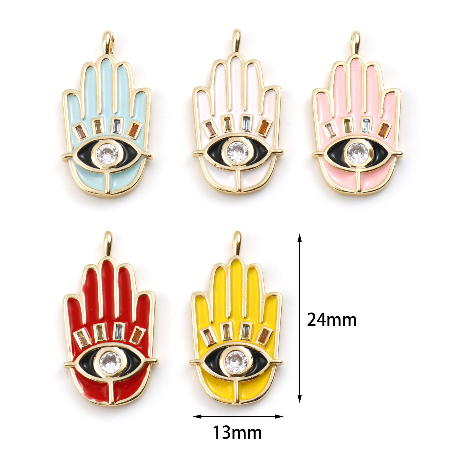 Immagine di Ottone Religione Charms Palmo Vero Oro Placcato Multicolore Smalto Trasparente Cubic Zirconiae 24mm x 13mm, 1 Pz