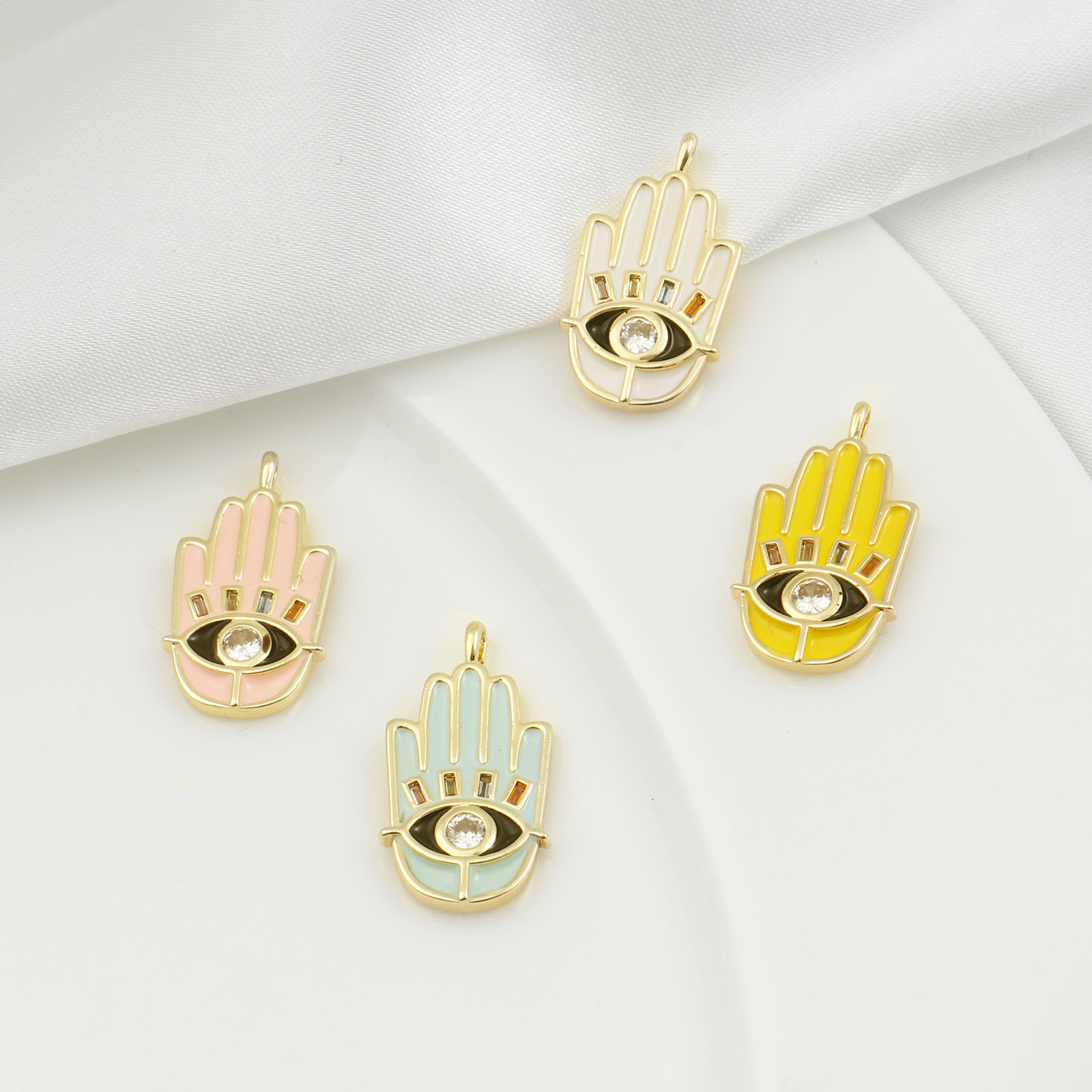 Immagine di Ottone Religione Charms Palmo Vero Oro Placcato Multicolore Smalto Trasparente Cubic Zirconiae 24mm x 13mm, 1 Pz