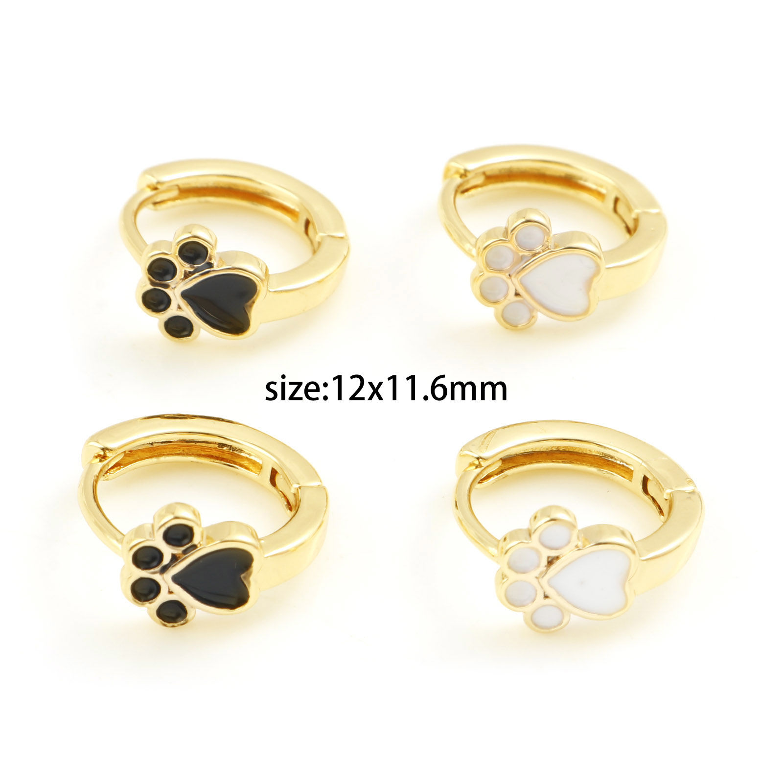 Picture of Brass Pet Memorial Hoop Earrings Real Gold Plated Dog Paw Claw Enamel 12mm x 11.6mm, Post/ Wire Size: (18 gauge)