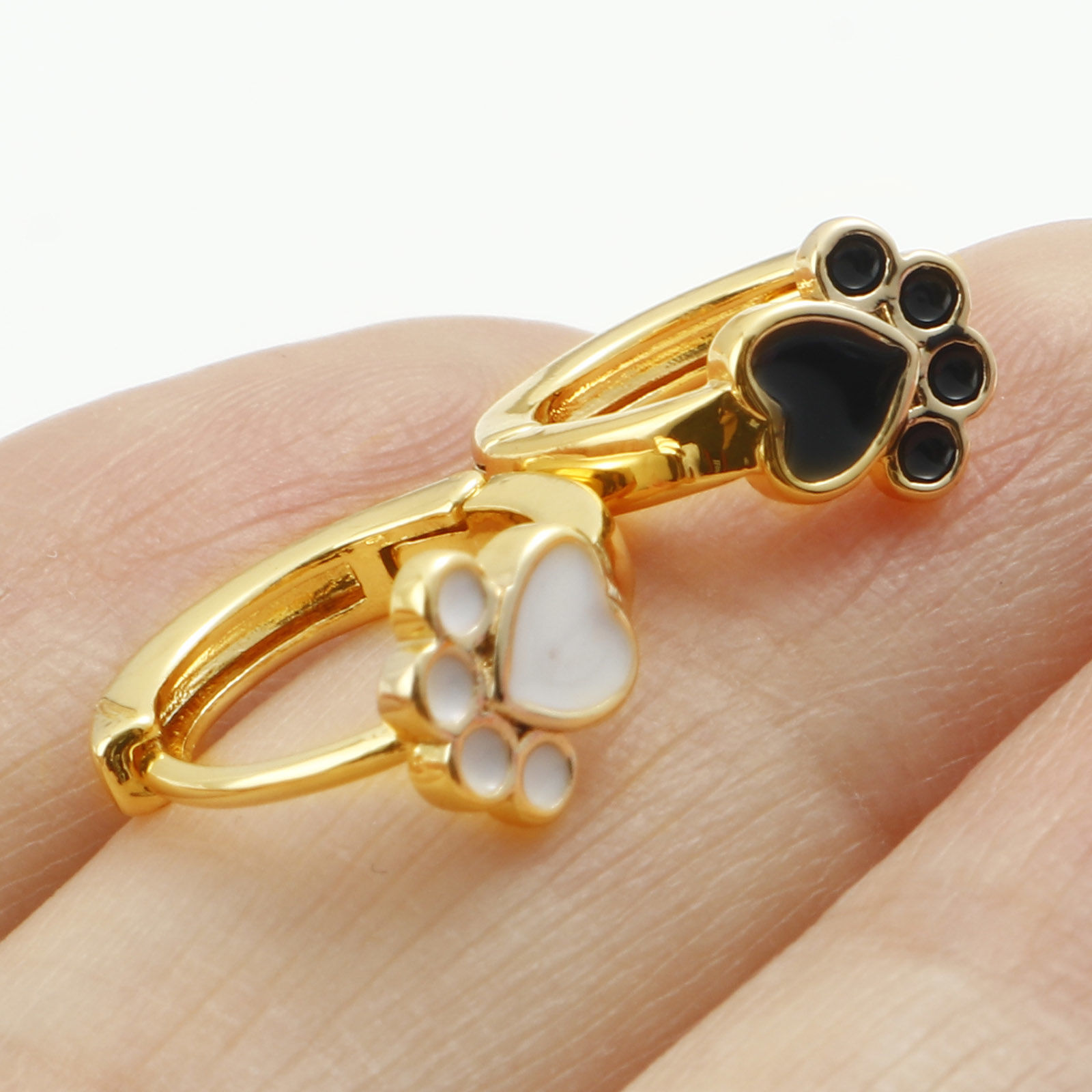 Picture of Brass Pet Memorial Hoop Earrings Real Gold Plated Dog Paw Claw Enamel 12mm x 11.6mm, Post/ Wire Size: (18 gauge)