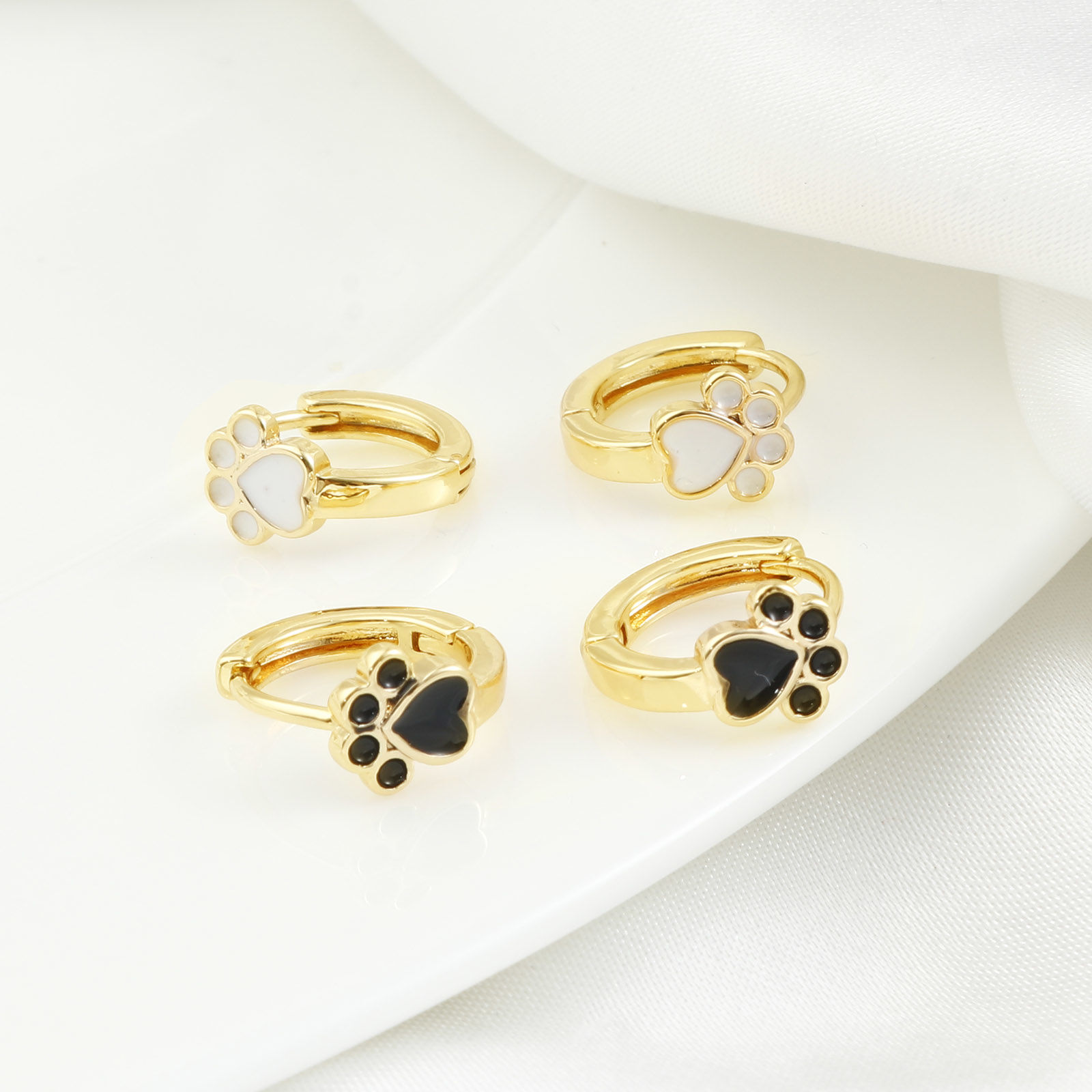 Picture of Brass Pet Memorial Hoop Earrings Real Gold Plated Dog Paw Claw Enamel 12mm x 11.6mm, Post/ Wire Size: (18 gauge)