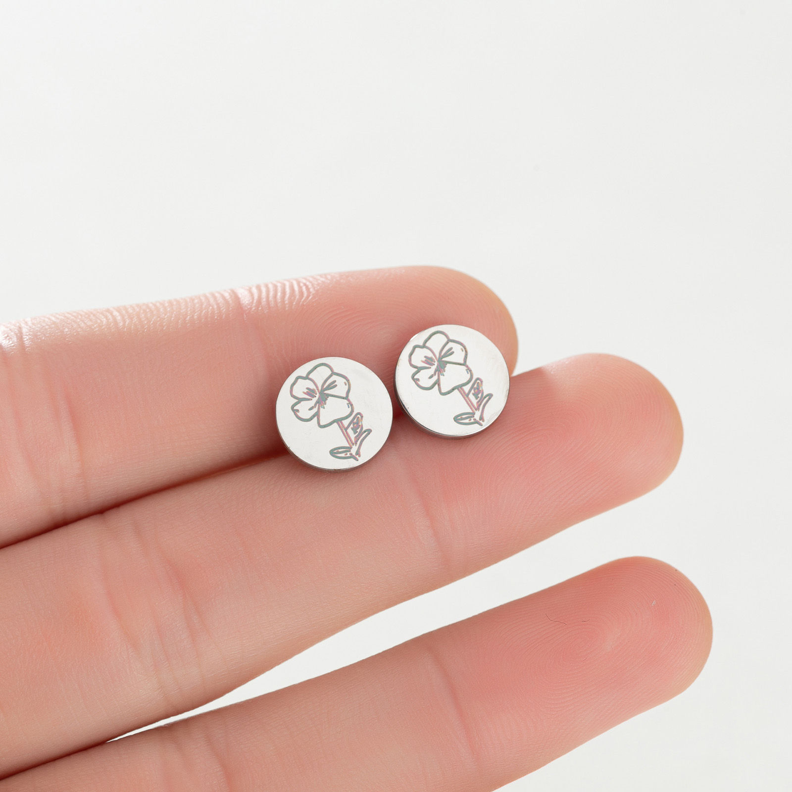 Picture of 304 Stainless Steel Birth Month Flower Ear Post Stud Earrings Silver Tone Round Flower 11mm Dia.