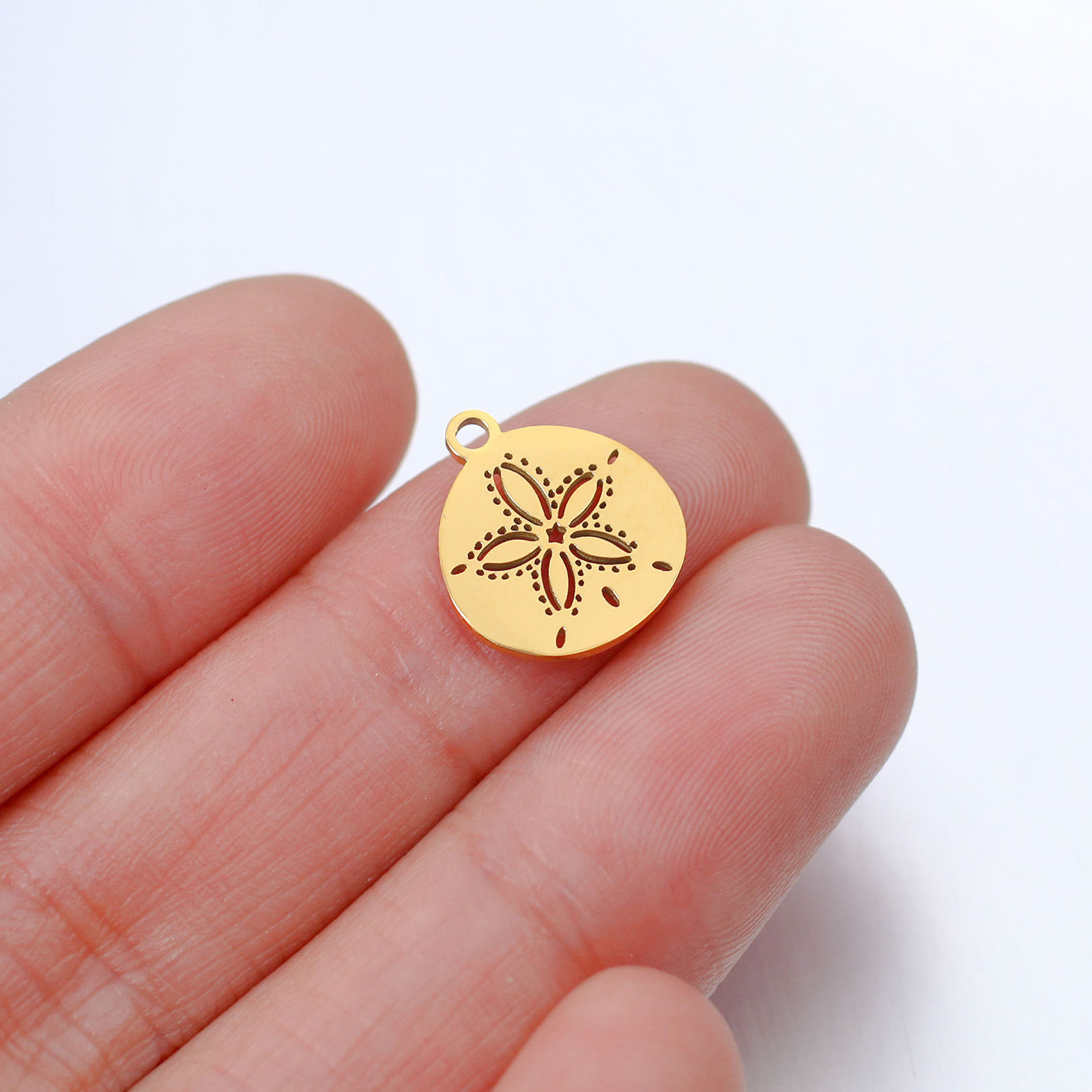 Picture of 5 PCs 304 Stainless Steel Ocean Jewelry Charms Multicolor Round Disc Sand Dollar Hollow 13.5mm x 12mm
