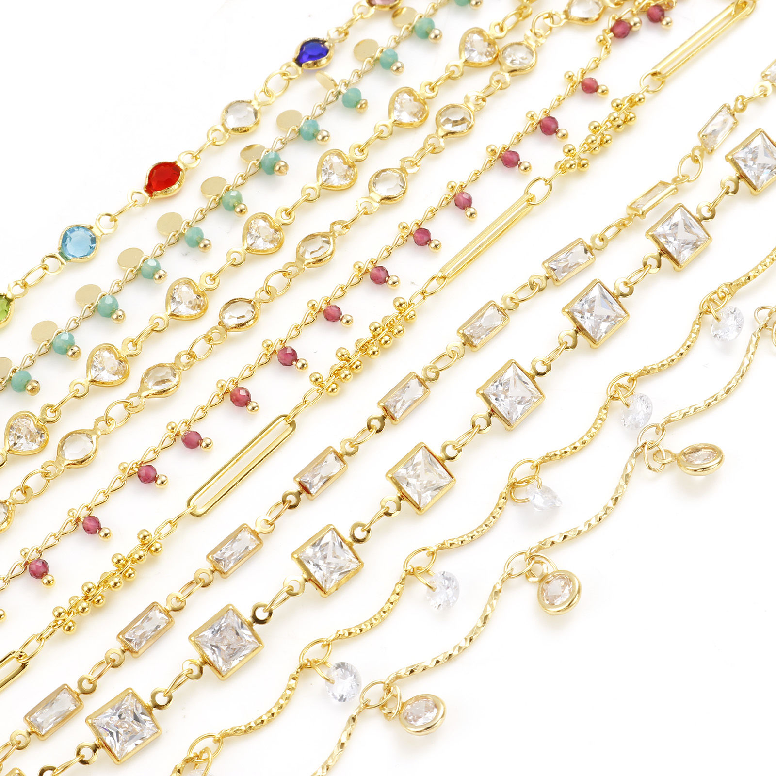 Picture of Brass Cubic Zirconia Handmade Link Chain Findings Real Gold Plated Multicolor 1 M
