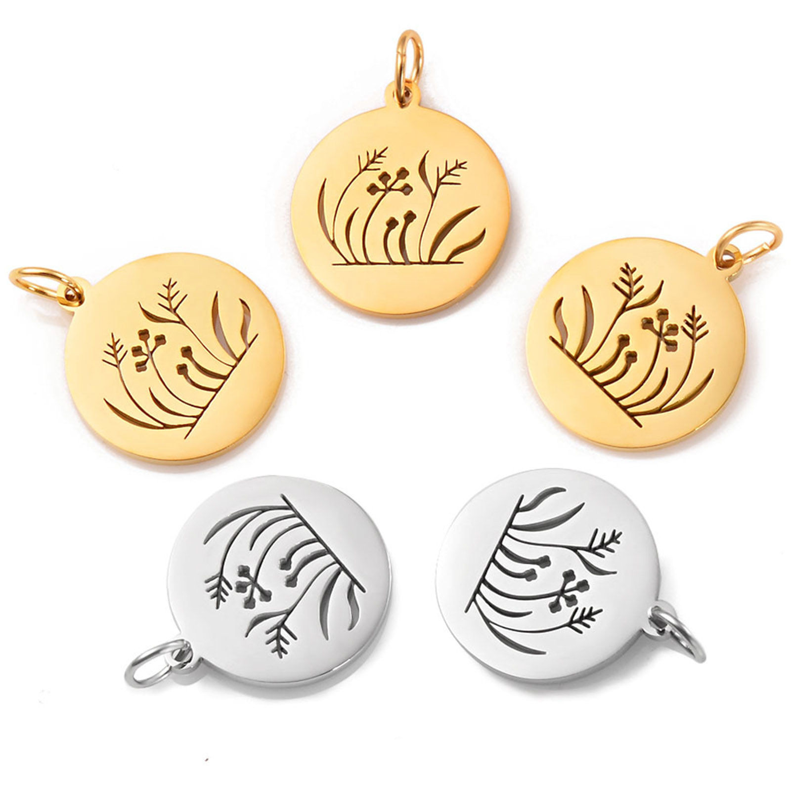 Bild von Edelstahl Flora Kollektion Charms Rund Bunt Blume Blätter Hohl 25mm x 18mm, 1 Stück