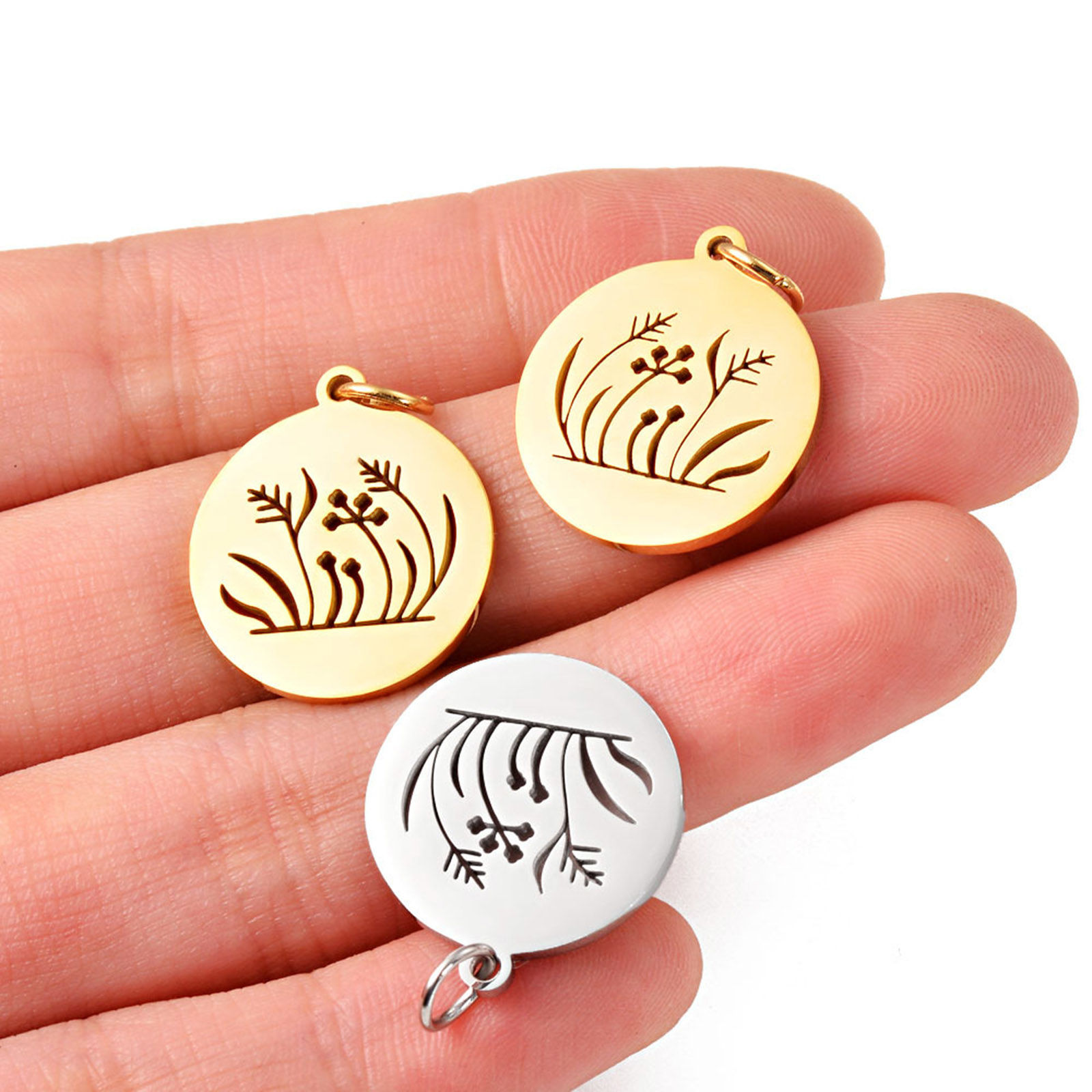 Bild von Edelstahl Flora Kollektion Charms Rund Bunt Blume Blätter Hohl 25mm x 18mm, 1 Stück