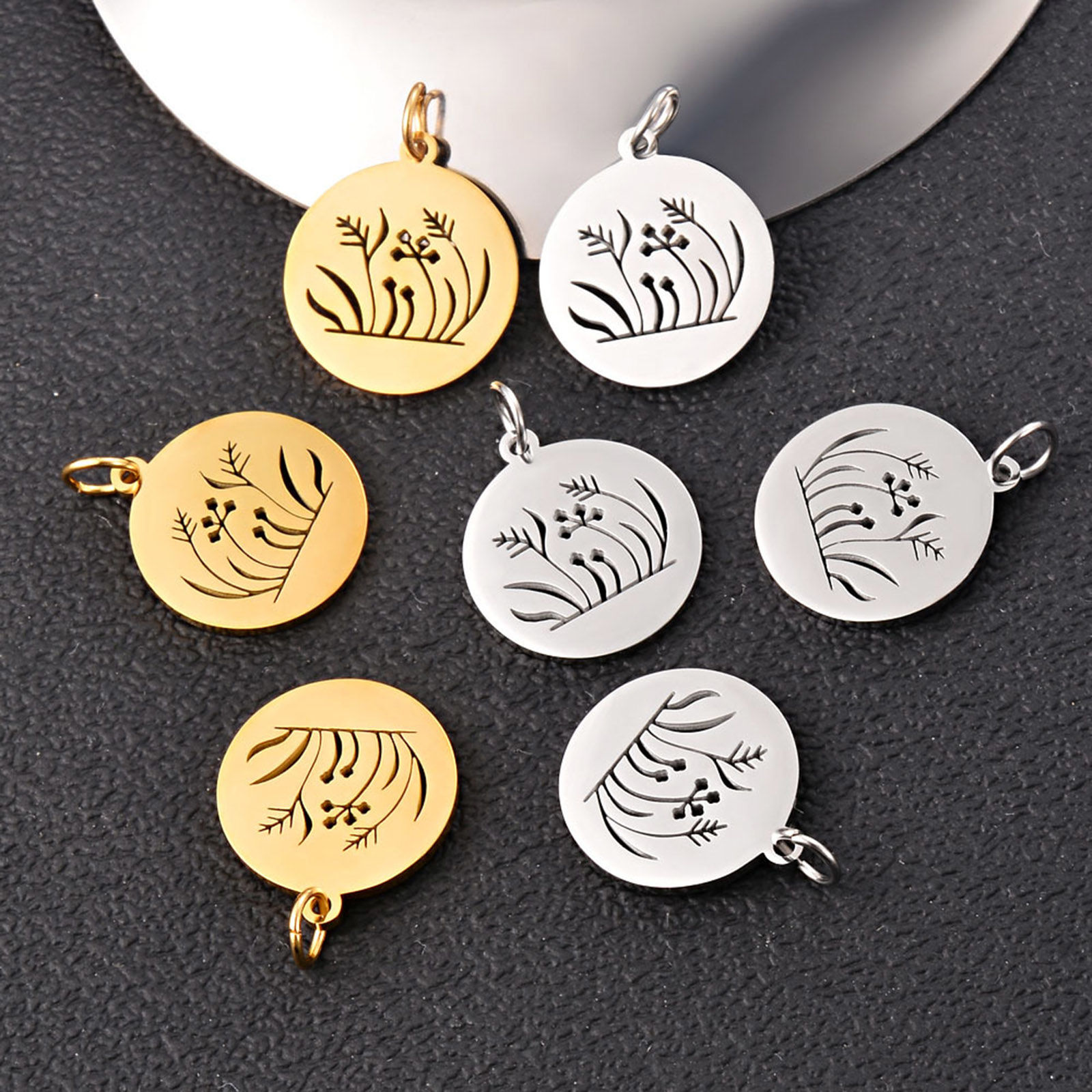 Bild von Edelstahl Flora Kollektion Charms Rund Bunt Blume Blätter Hohl 25mm x 18mm, 1 Stück