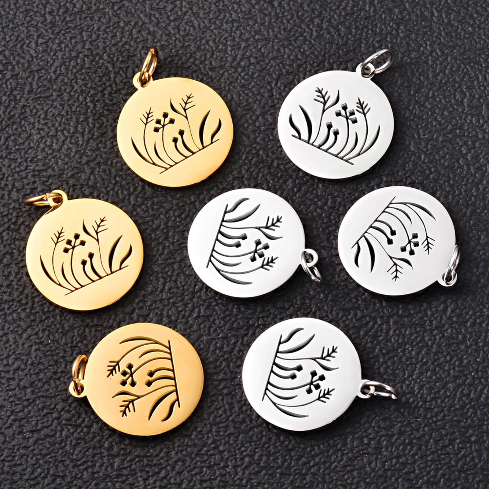Bild von Edelstahl Flora Kollektion Charms Rund Bunt Blume Blätter Hohl 25mm x 18mm, 1 Stück