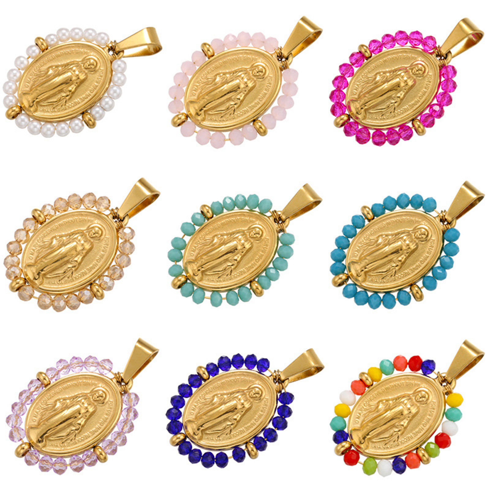 Image de Pendentifs en Acier Inoxydable + Verre Religieux Ovale Multicolore Sainte Vierge Marie 38mm x 24mm , 1 Pièce