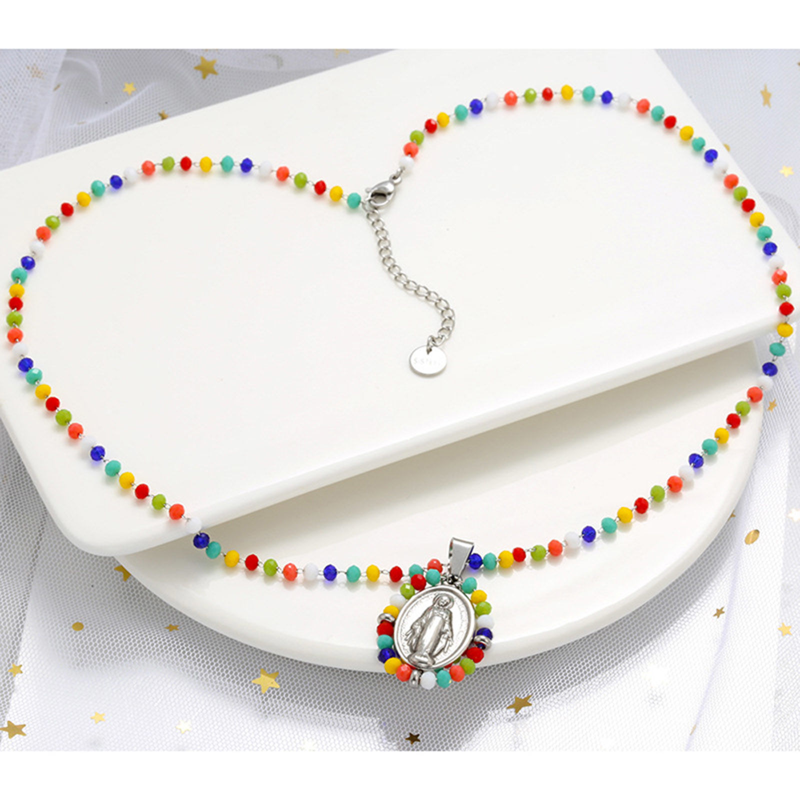 Image de Pendentifs en Acier Inoxydable + Verre Religieux Ovale Multicolore Sainte Vierge Marie 38mm x 24mm , 1 Pièce