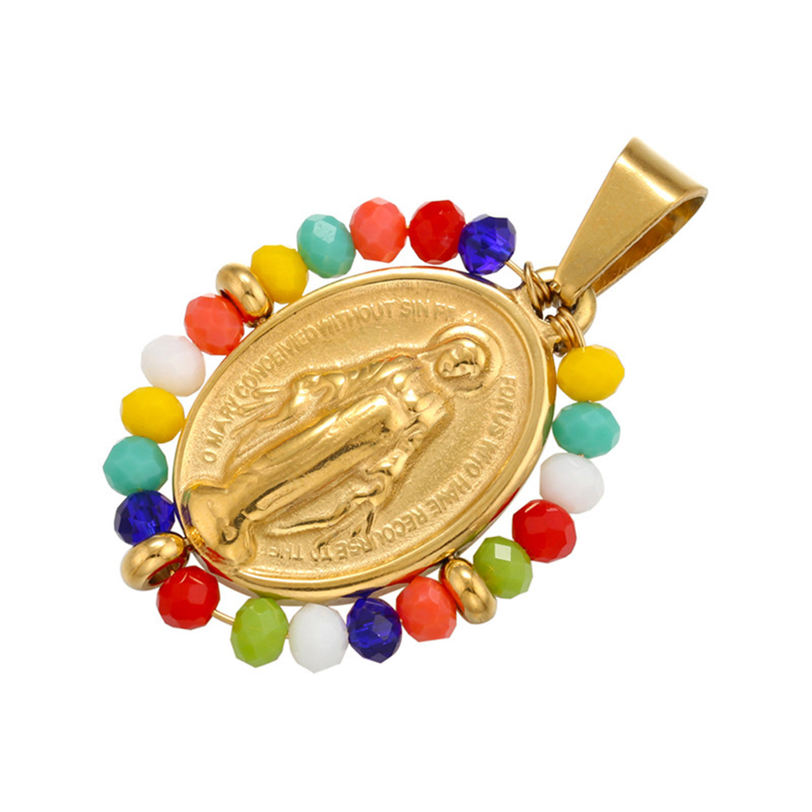 Image de Pendentifs en Acier Inoxydable + Verre Religieux Ovale Multicolore Sainte Vierge Marie 38mm x 24mm , 1 Pièce
