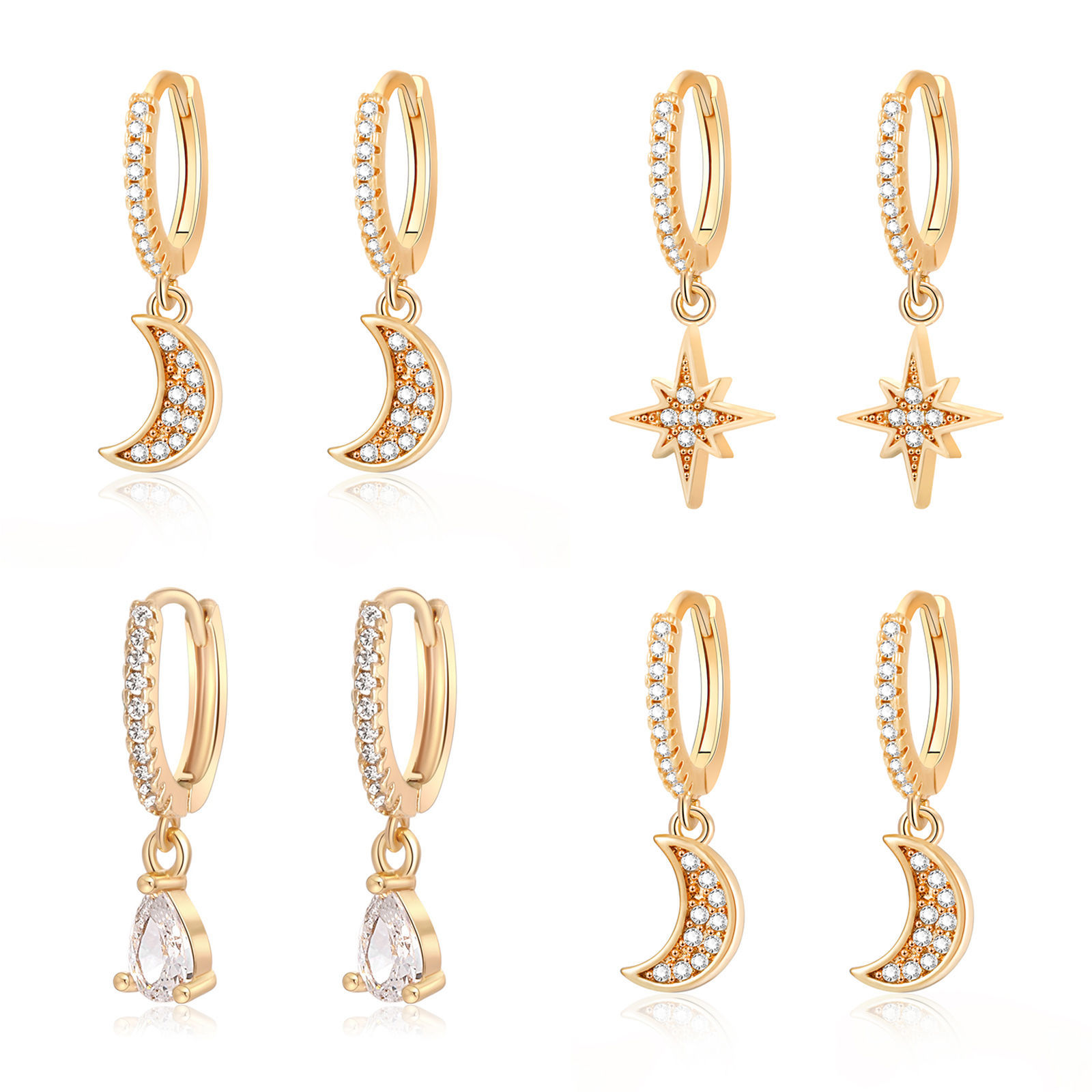 Picture of 2 PCs Eco-friendly Dainty Brass Star Moon Hoop Earrings For Women Gift