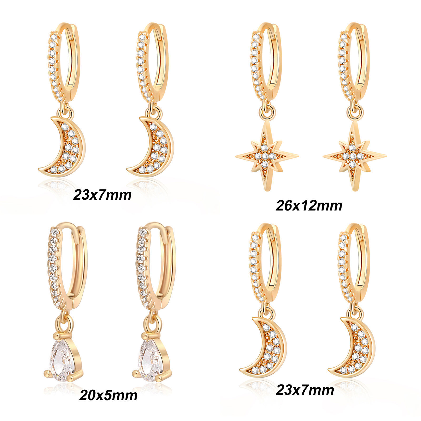 Picture of 2 PCs Eco-friendly Dainty Brass Star Moon Hoop Earrings For Women Gift