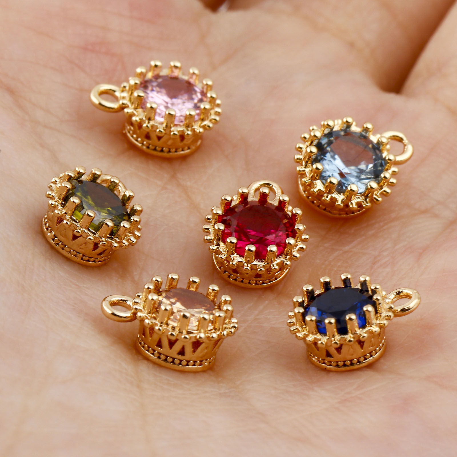 Picture of Brass Birthstone Charms Round Real Gold Plated Multicolour Cubic Zirconia 9mm x 7mm