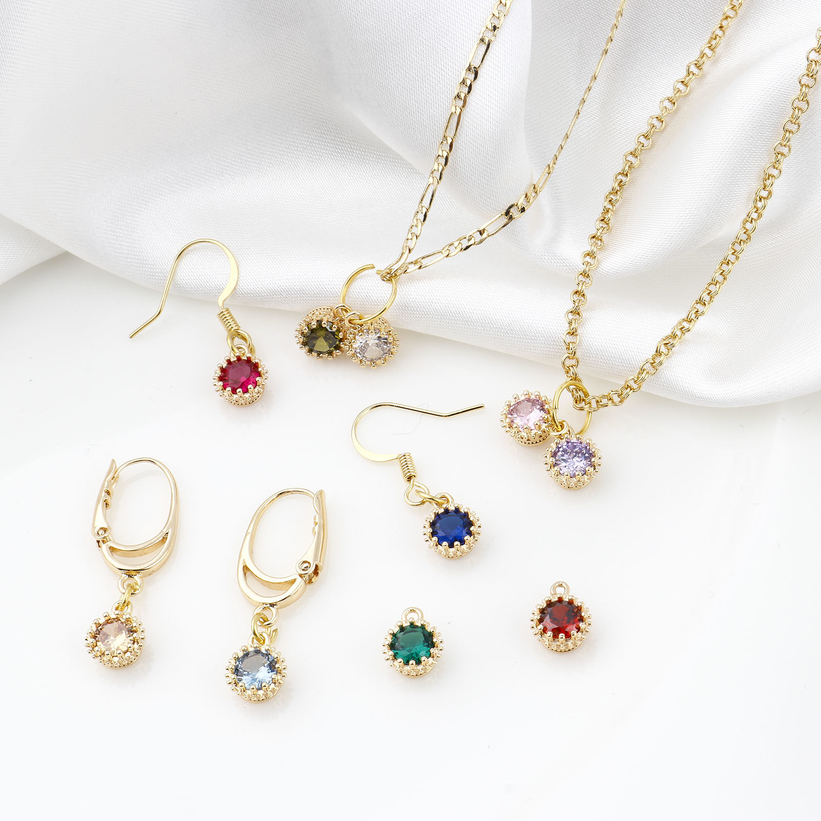 Picture of Brass Birthstone Charms Round Real Gold Plated Multicolour Cubic Zirconia 9mm x 7mm
