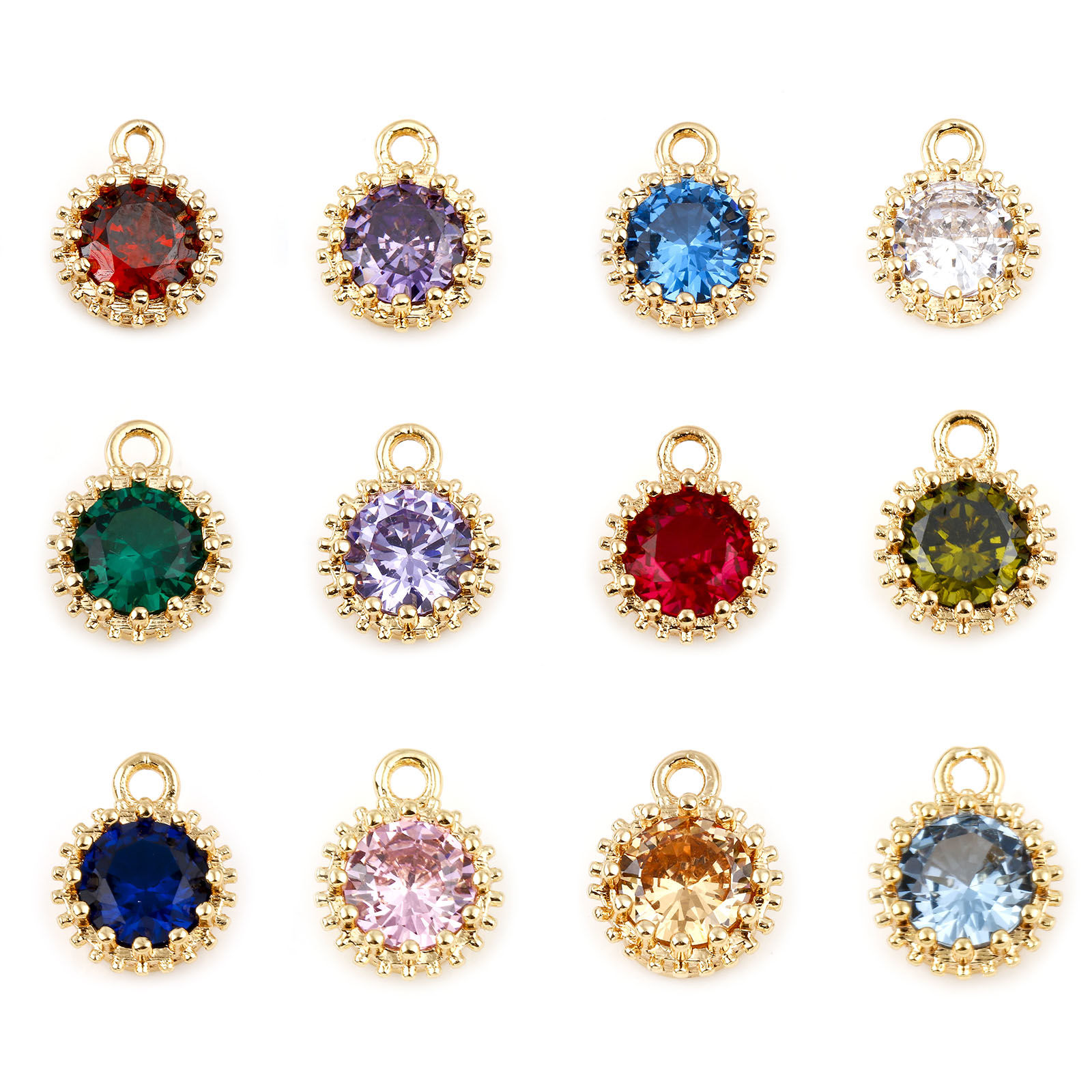 Picture of Brass Birthstone Charms Round Real Gold Plated Multicolour Cubic Zirconia 9mm x 7mm