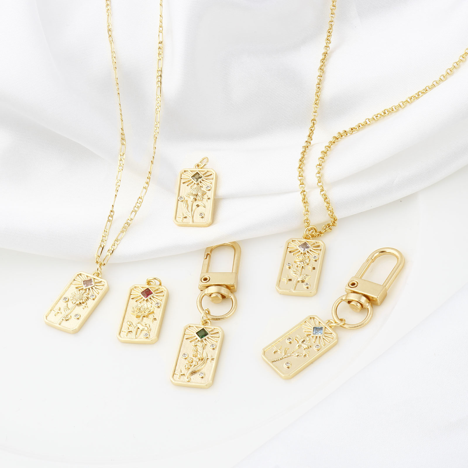 Picture of Brass Birth Month Flower Charms Rectangle Real Gold Plated Multicolour Cubic Zirconia 28mm x 13mm