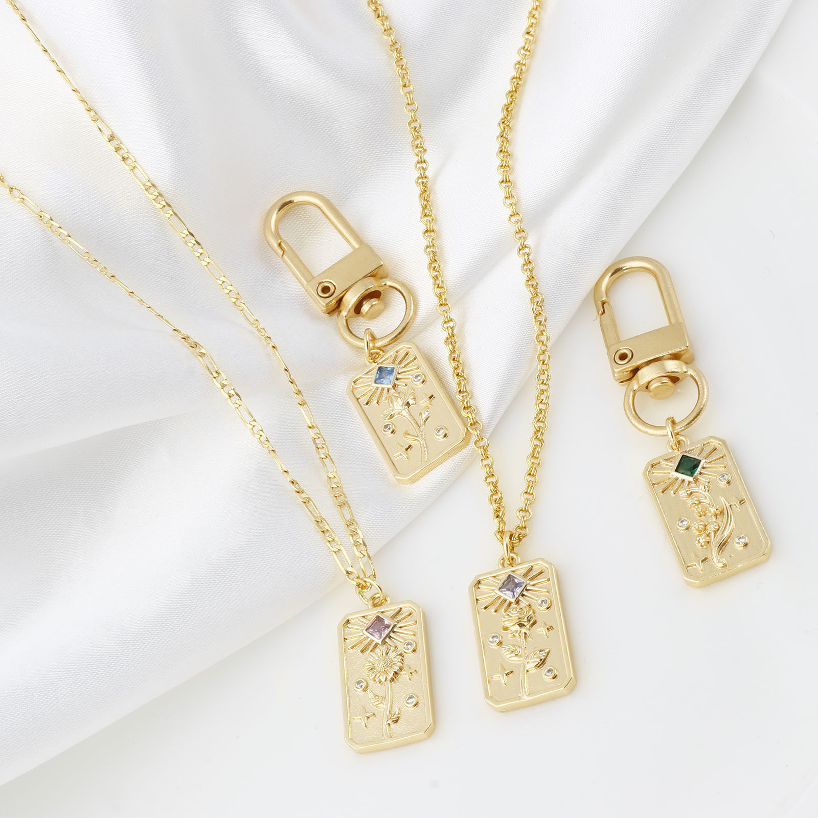 Picture of Brass Birth Month Flower Charms Rectangle Real Gold Plated Multicolour Cubic Zirconia 28mm x 13mm