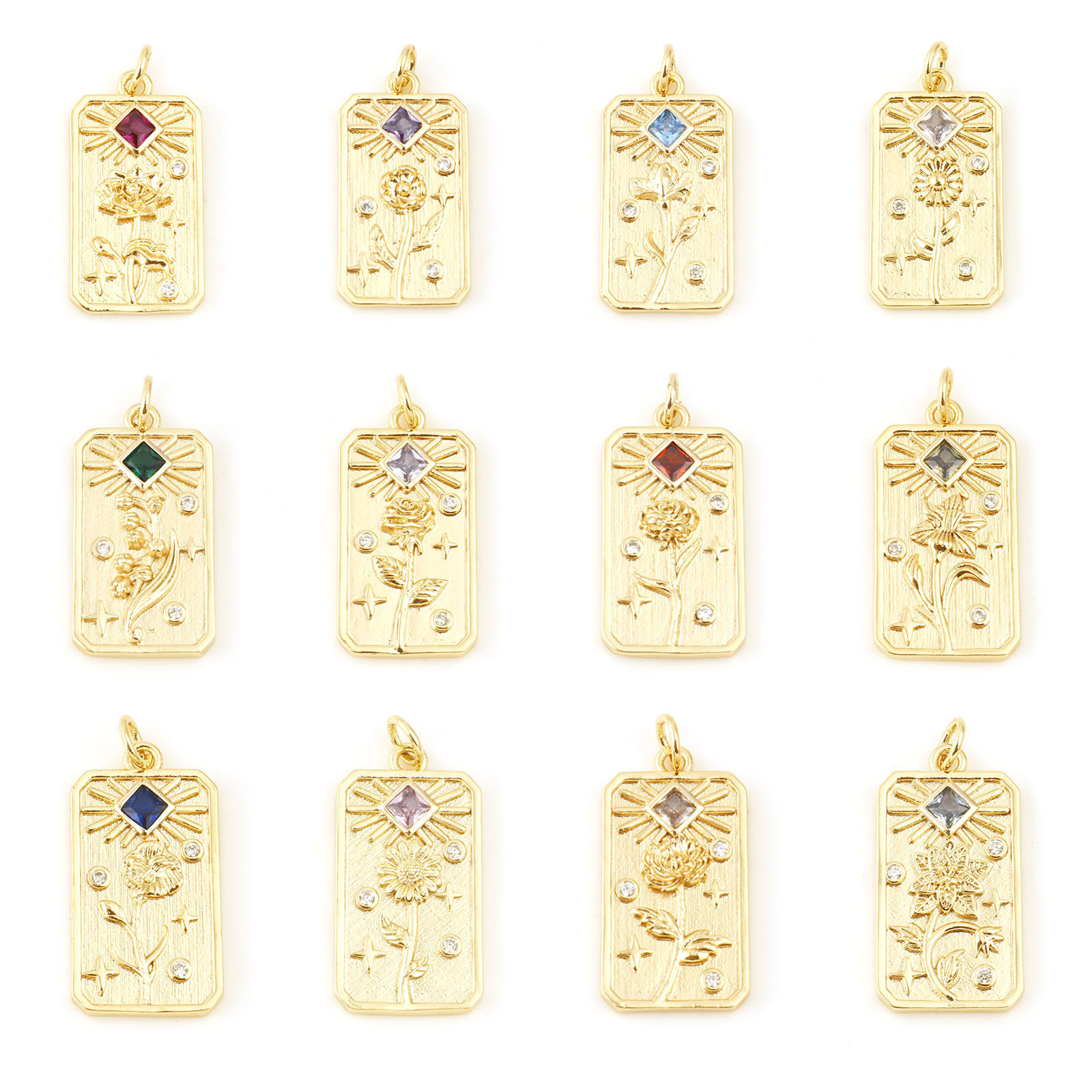Picture of Brass Birth Month Flower Charms Rectangle Real Gold Plated Multicolour Cubic Zirconia 28mm x 13mm