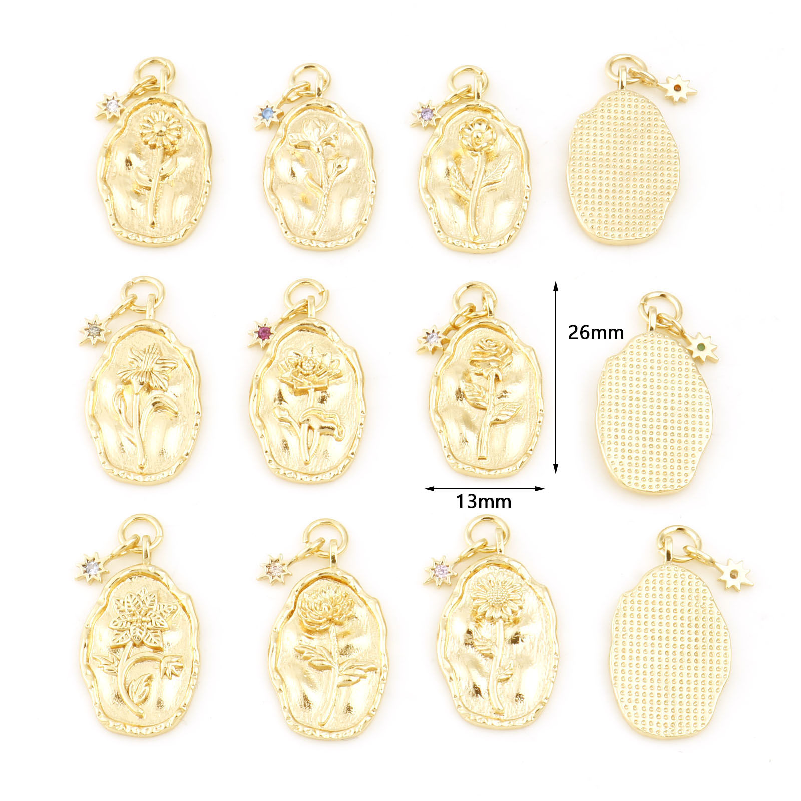 Bild von Messing Geburtsmonat Blume Charms Oval Echtgold plattiert Bunt Zirkonia 26mm x 13mm, 2 Stück
