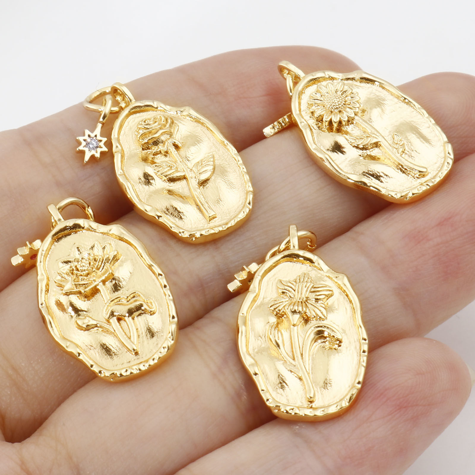 Bild von Messing Geburtsmonat Blume Charms Oval Echtgold plattiert Bunt Zirkonia 26mm x 13mm, 2 Stück