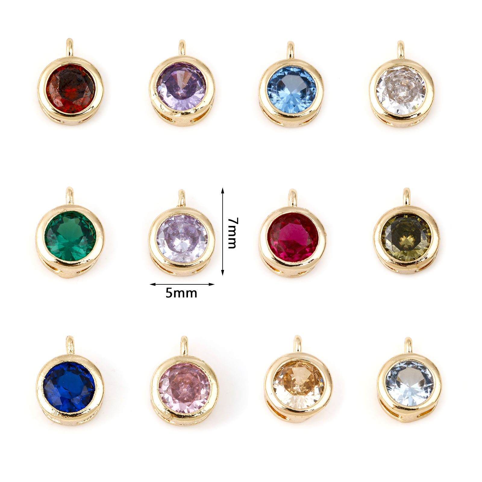 Immagine di Ottone Pietre Nascita Charms Tondo Vero Oro Placcato Multicolore Cubic Zirconiae 7mm x 5mm, 2 Pz