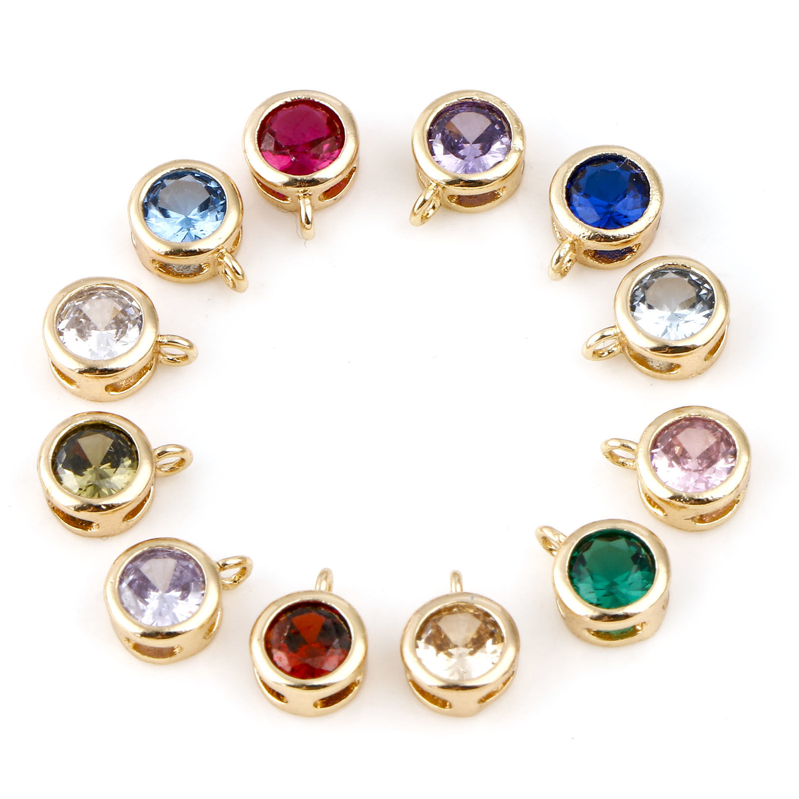 Immagine di Ottone Pietre Nascita Charms Tondo Vero Oro Placcato Multicolore Cubic Zirconiae 7mm x 5mm, 2 Pz