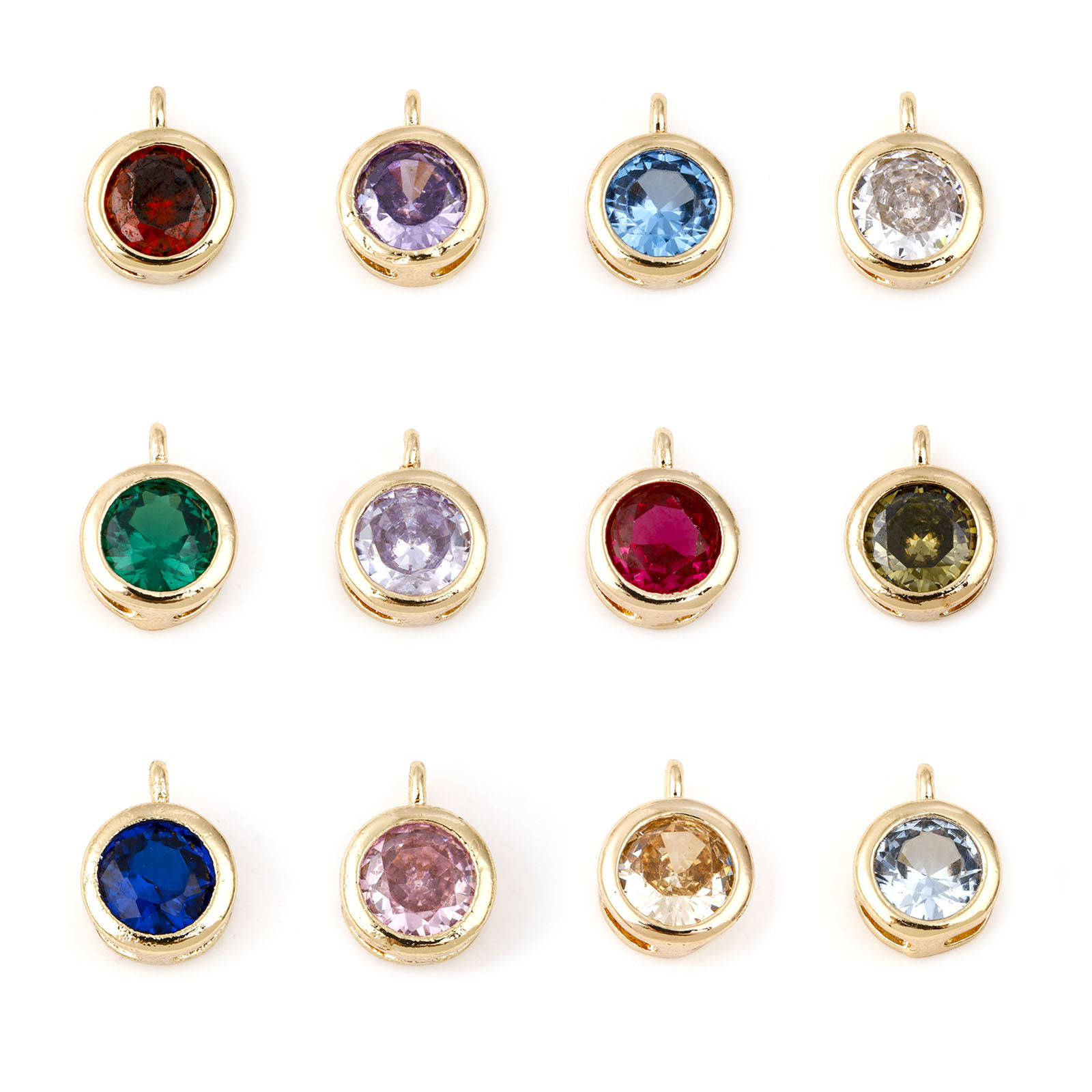 Immagine di Ottone Pietre Nascita Charms Tondo Vero Oro Placcato Multicolore Cubic Zirconiae 7mm x 5mm, 2 Pz