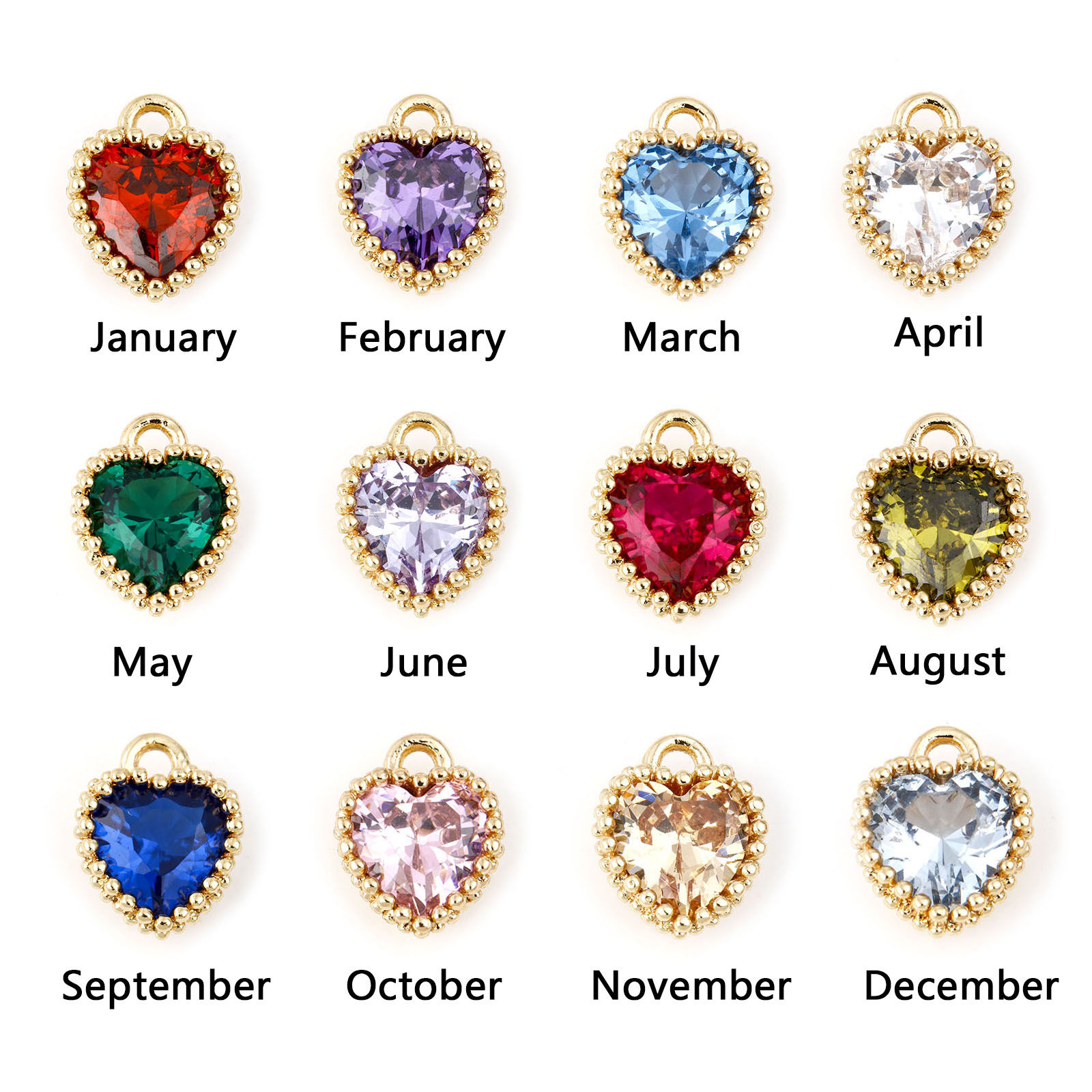 Picture of Brass Birthstone Charms Heart Real Gold Plated Multicolour Cubic Zirconia 8mm x 6mm