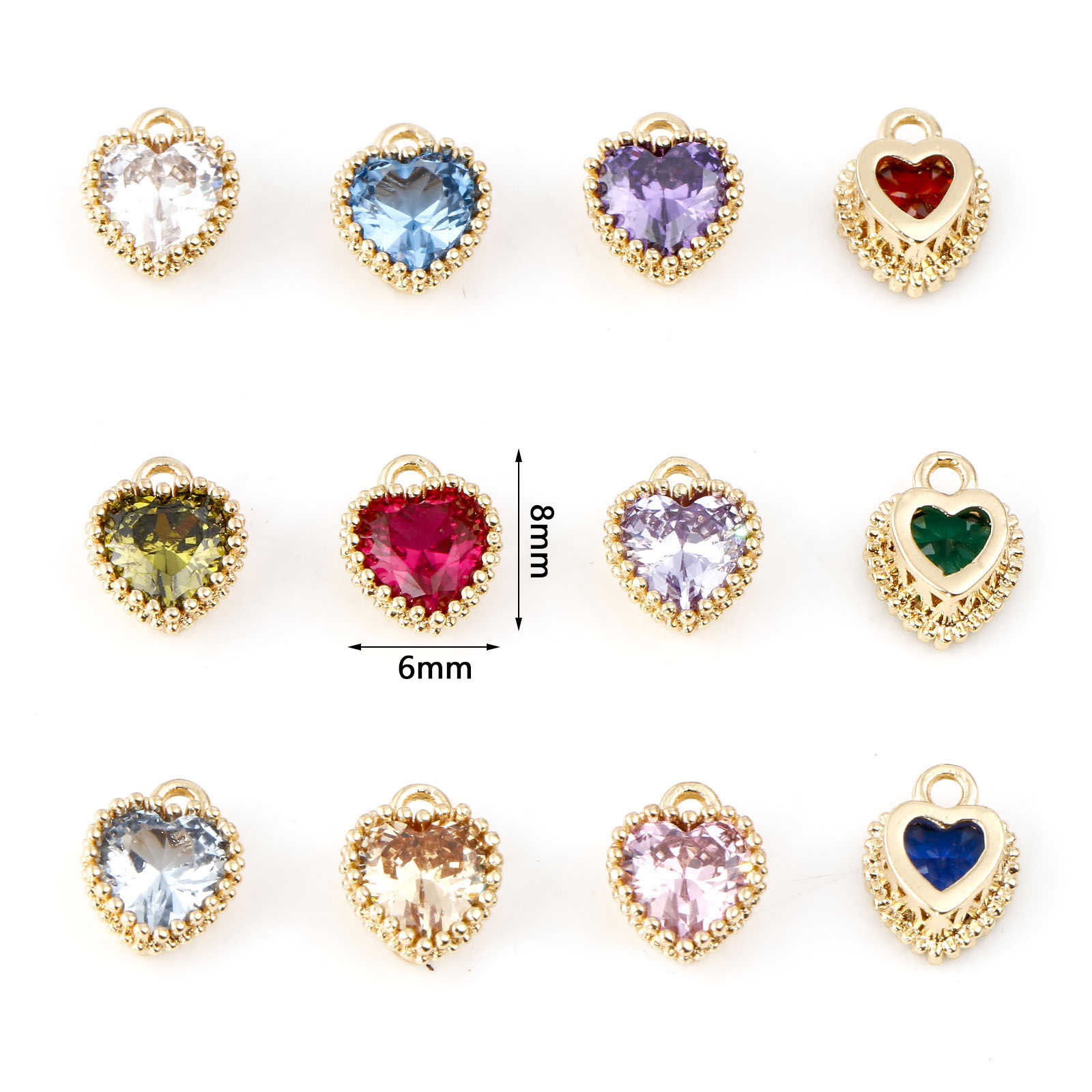 Picture of Brass Birthstone Charms Heart Real Gold Plated Multicolour Cubic Zirconia 8mm x 6mm