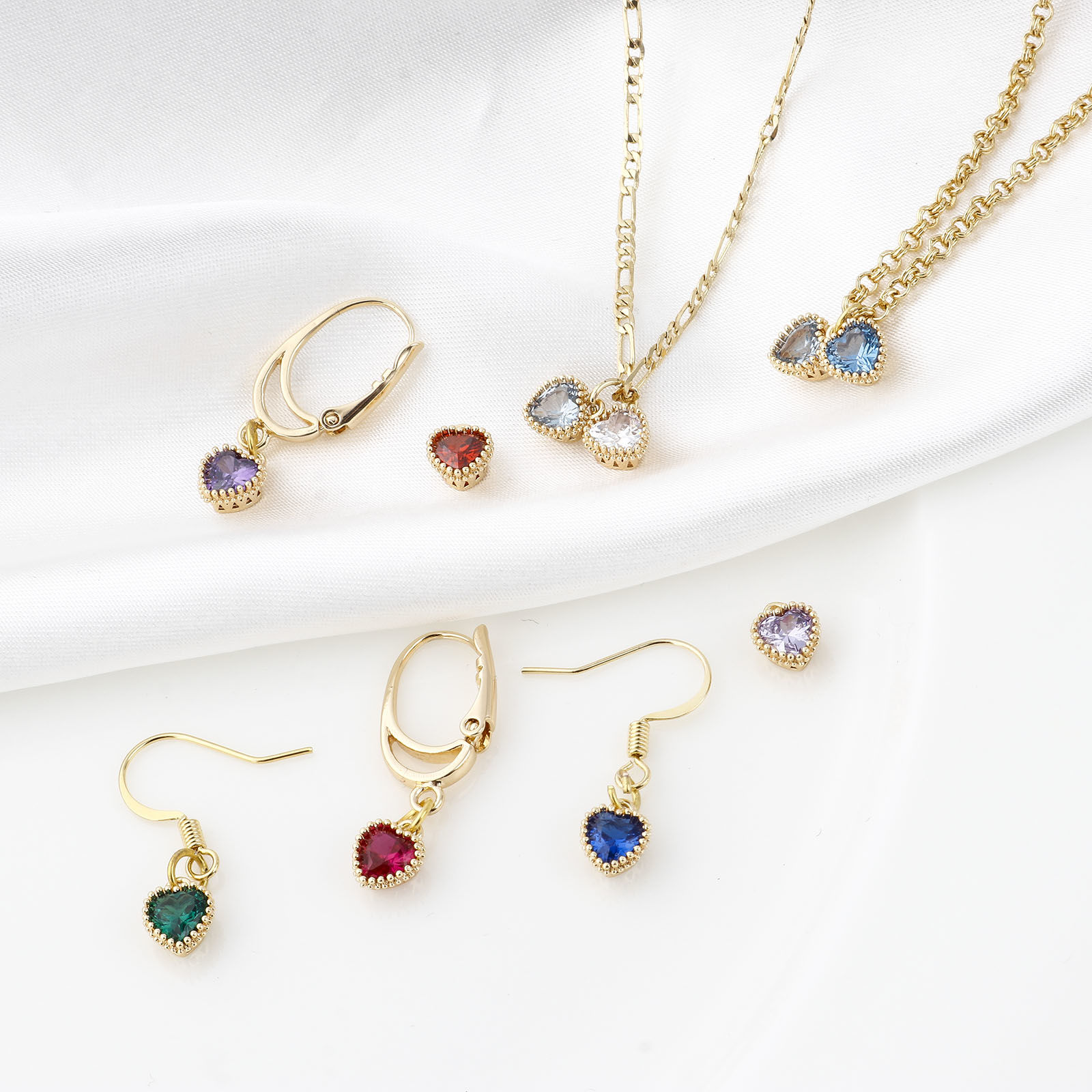 Picture of Brass Birthstone Charms Heart Real Gold Plated Multicolour Cubic Zirconia 8mm x 6mm