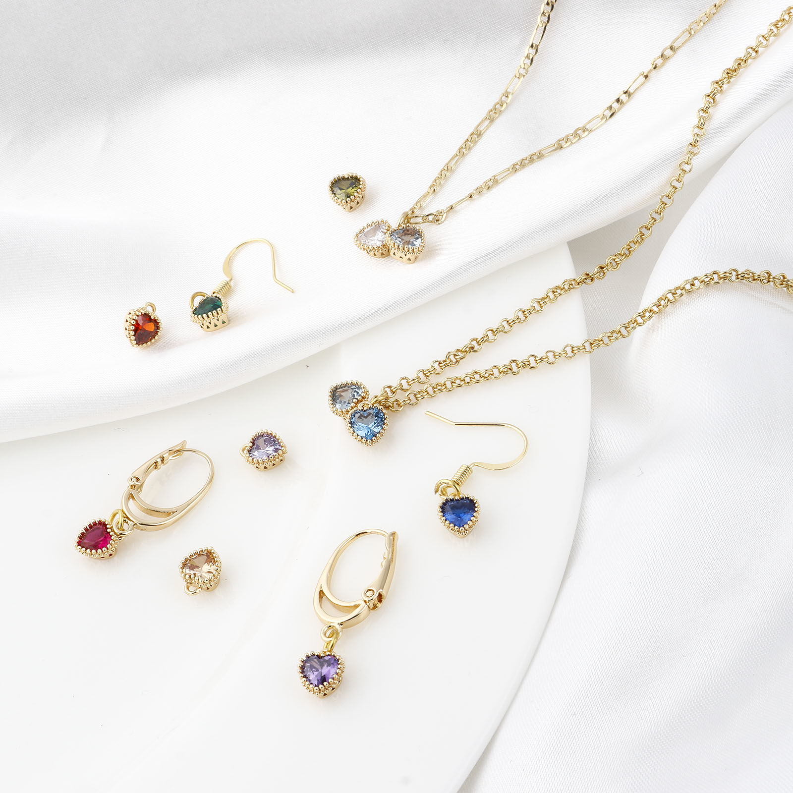Picture of Brass Birthstone Charms Heart Real Gold Plated Multicolour Cubic Zirconia 8mm x 6mm