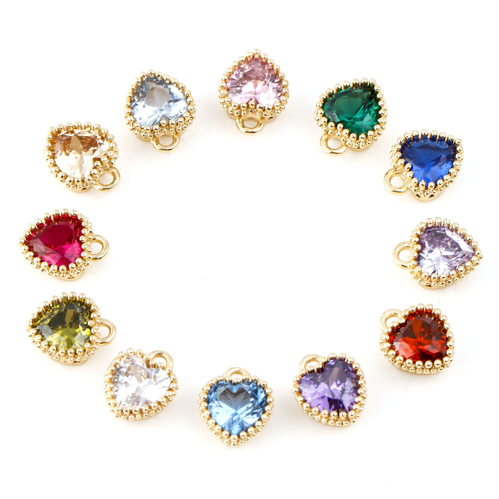 Picture of Brass Birthstone Charms Heart Real Gold Plated Multicolour Cubic Zirconia 8mm x 6mm