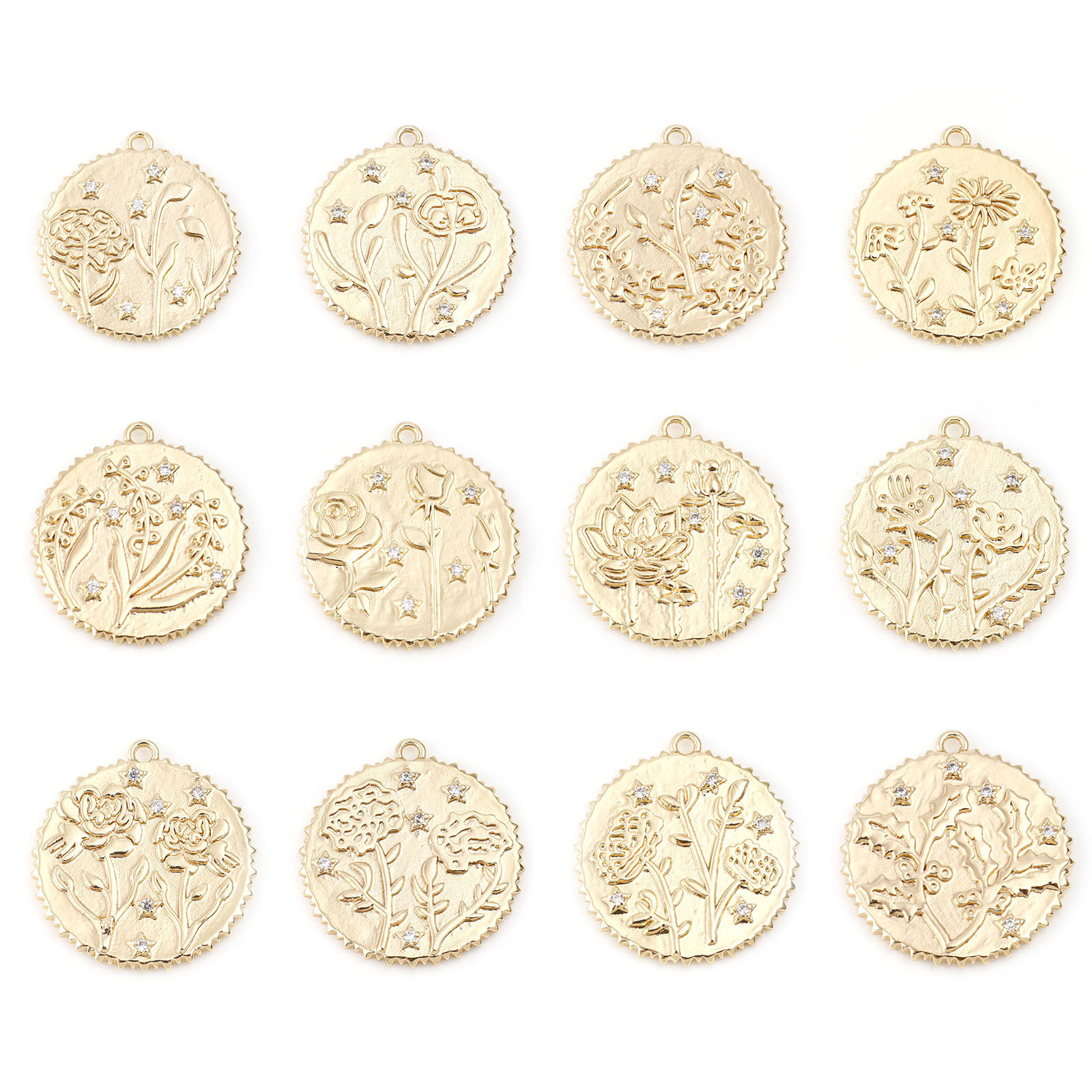 Immagine di Ottone Fiore del Mese di Nascita Charms Tondo Vero Oro Placcato Trasparente Cubic Zirconiae 23mm x 22mm, 2 Pz