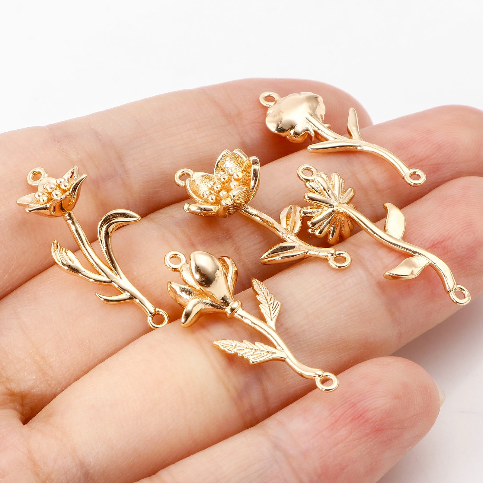 Picture of Brass Birth Month Flower Connectors Real Gold Plated Flower