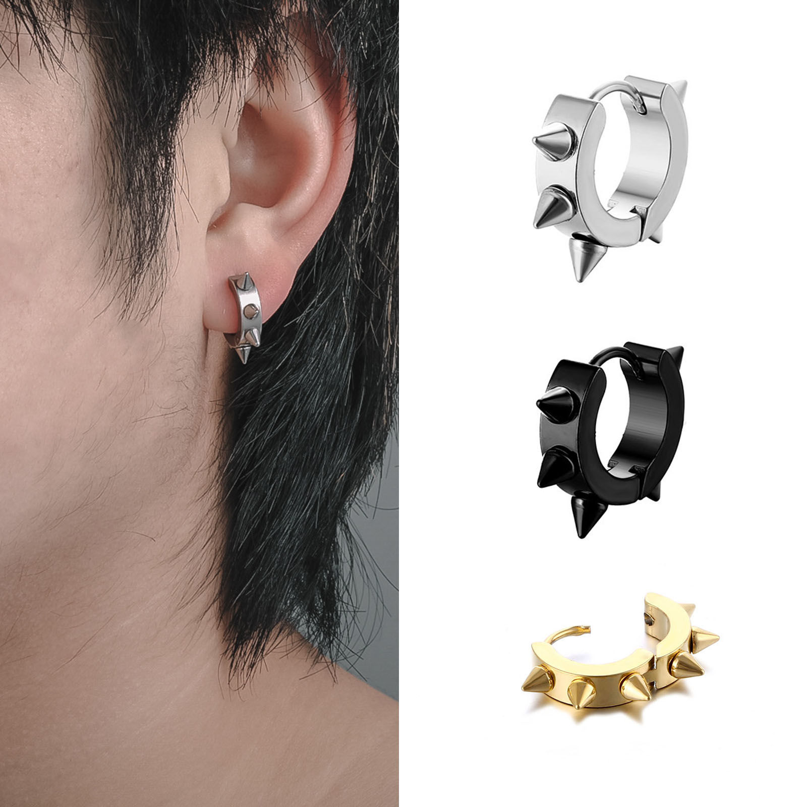 Immagine di Acciaio Inossidabile Punk orecchino cerchio Multicolore Rivetto Tondo 9mm x 4mm, Posta / Filo Dimensione: (18 misura), 2 Pz