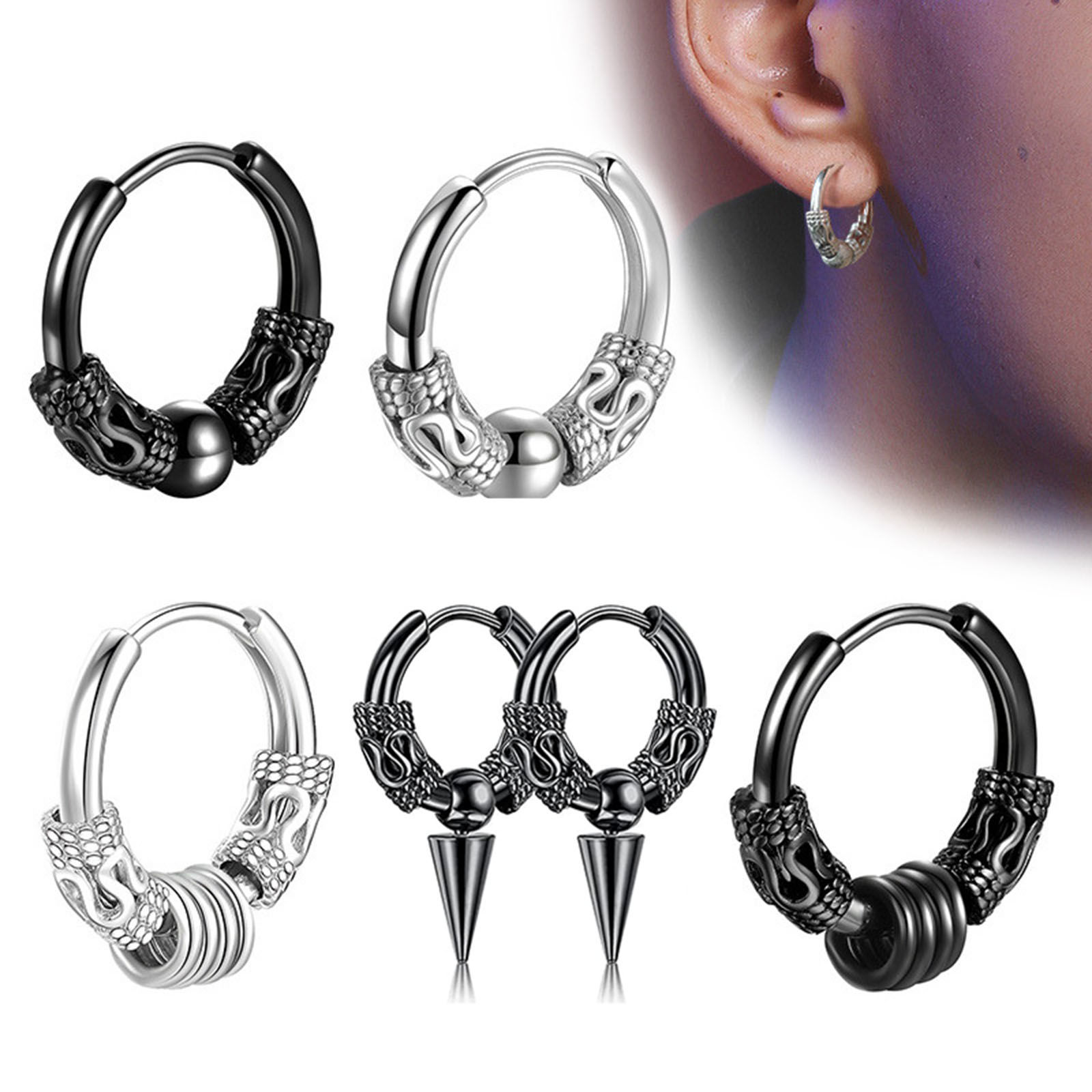 Immagine di Acciaio Inossidabile Punk orecchino cerchio Multicolore Geometrica Drago 14mm x 2.5mm, Posta / Filo Dimensione: (18 misura), 1 Paio