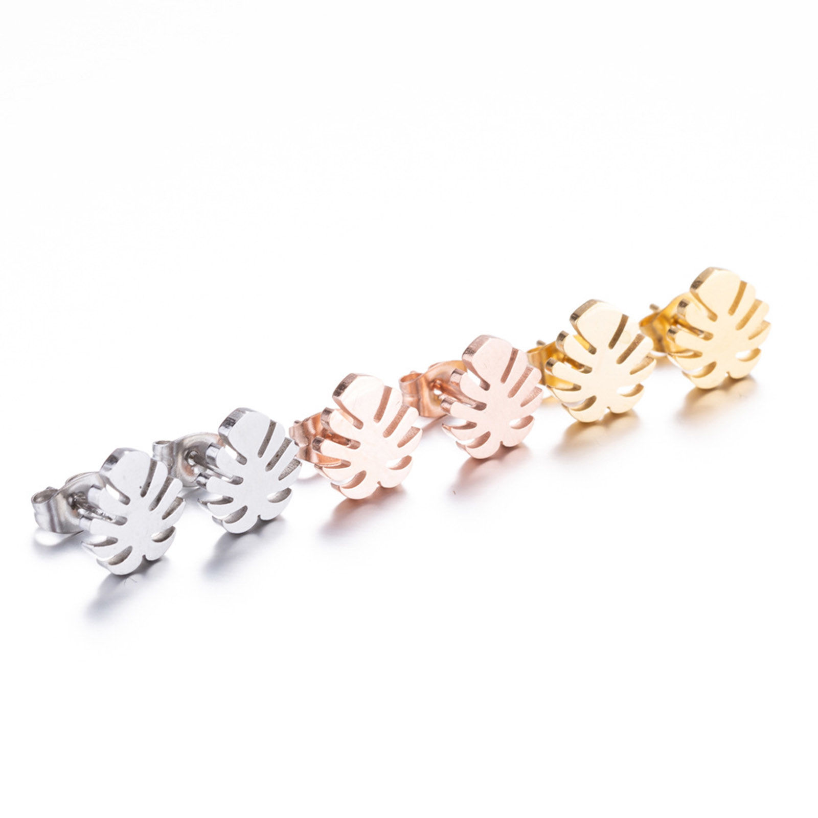 Image de Boucles d'Oreilles Puces en Acier Inoxydable Élégant Multicolore Feuille de Monstère 10mm x 9mm , Epaisseur de Fil: (18 gauge), 4 Paires